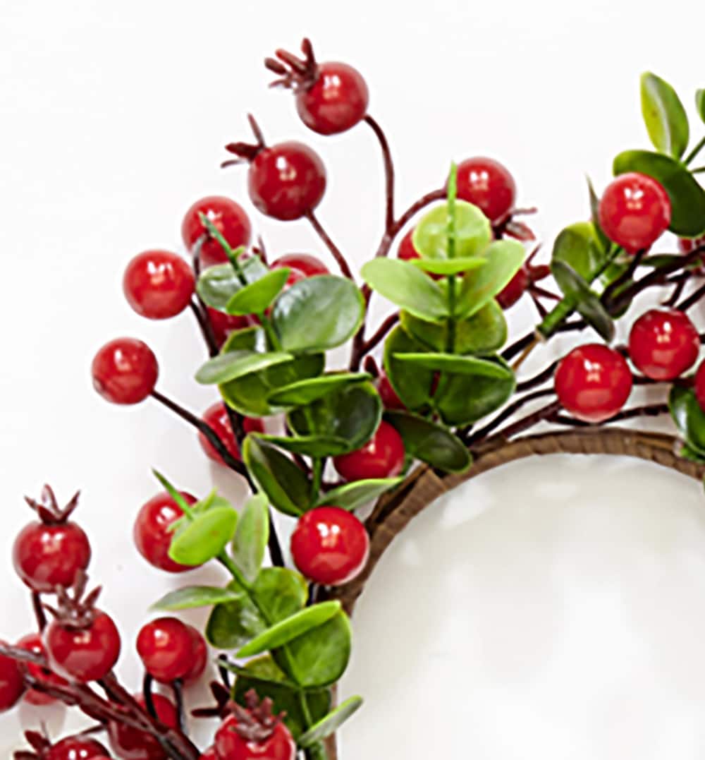 4.25" Red Berries & Eucalyptus Leaves Pillar Candle Ring Centerpiece, 3ct.