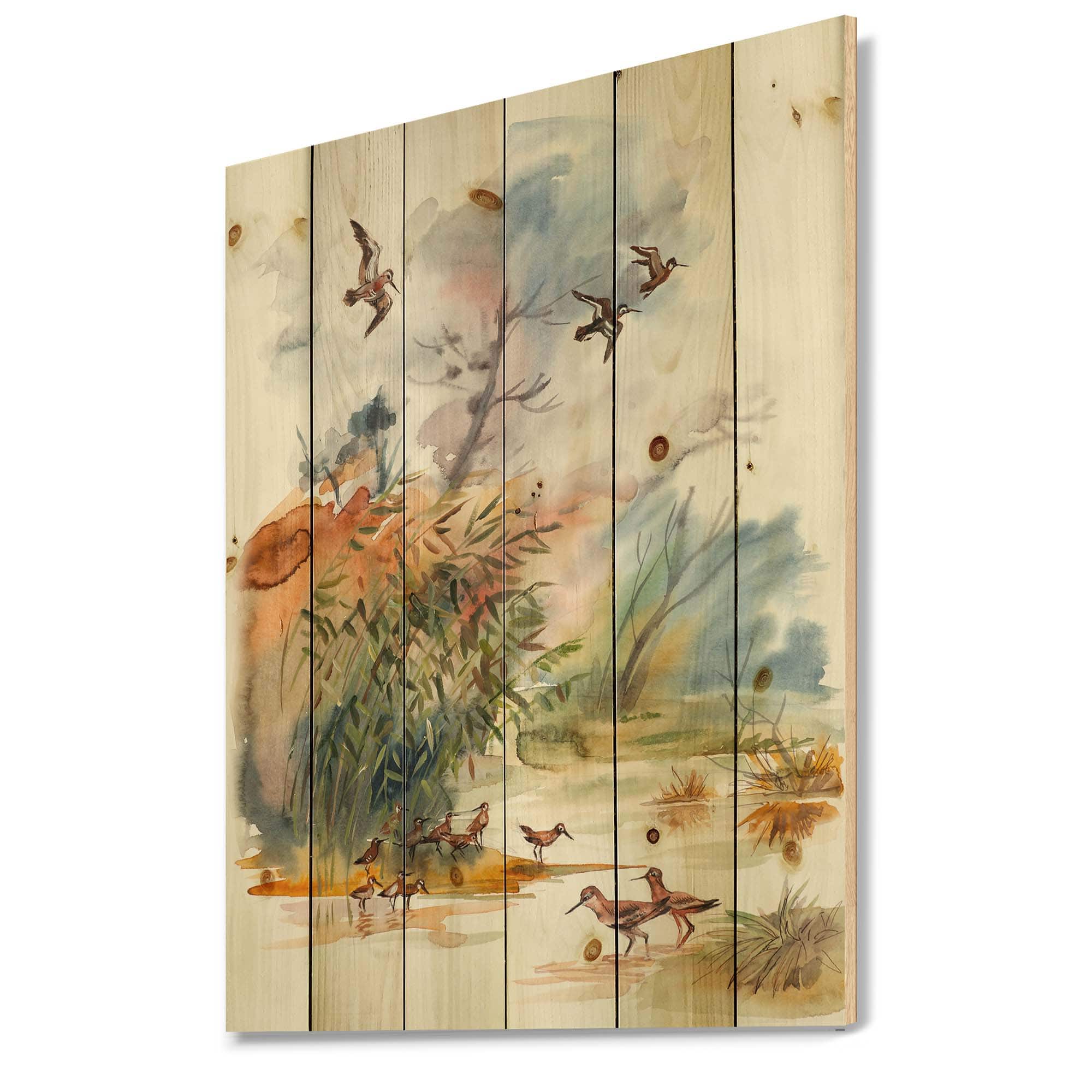 Designart - Autumn Landscape With Flying Over The Water - Traditional Print on Natural Pine Wood