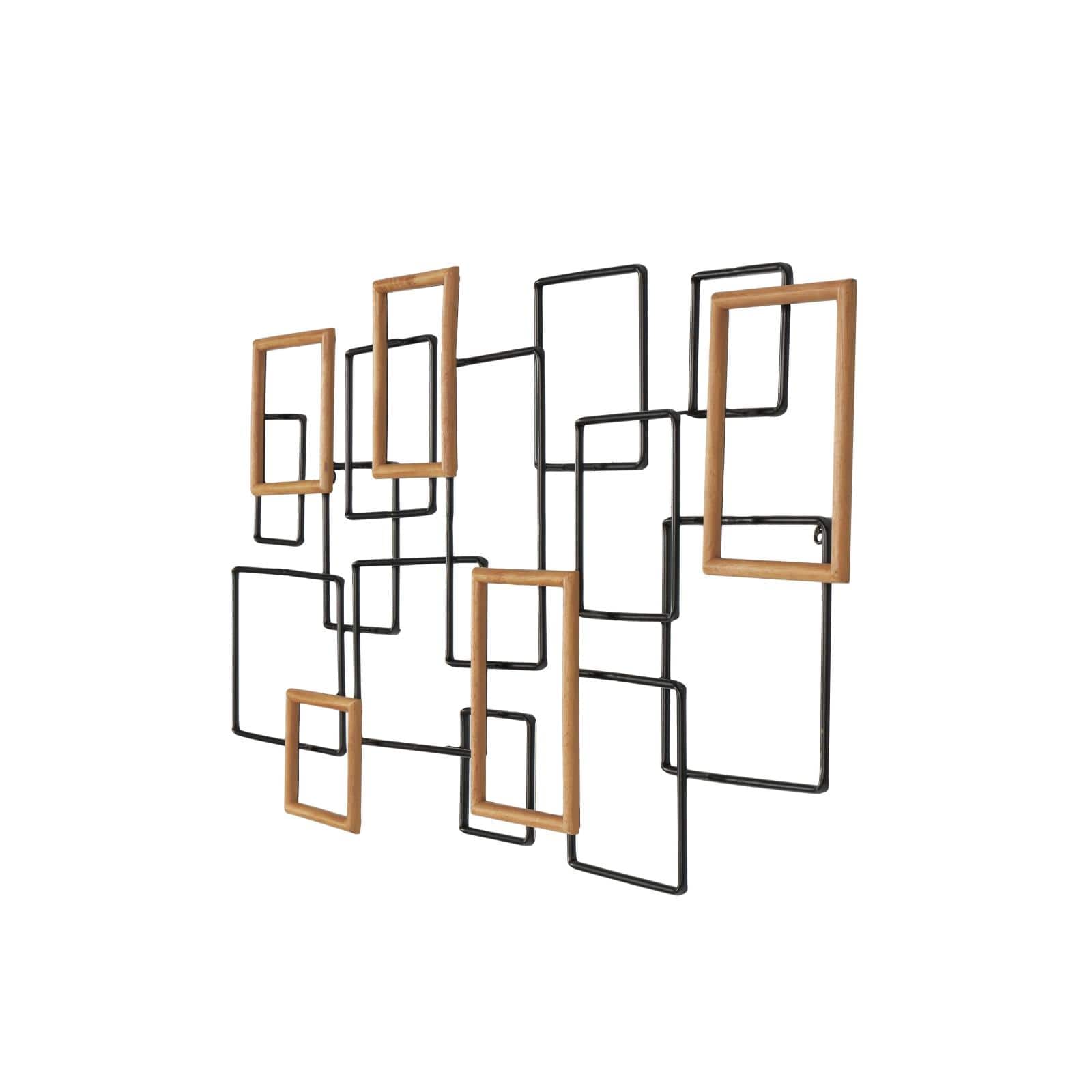 Black Metal Geometric Overlapping Wire Square Wall Décor with Gold Accents