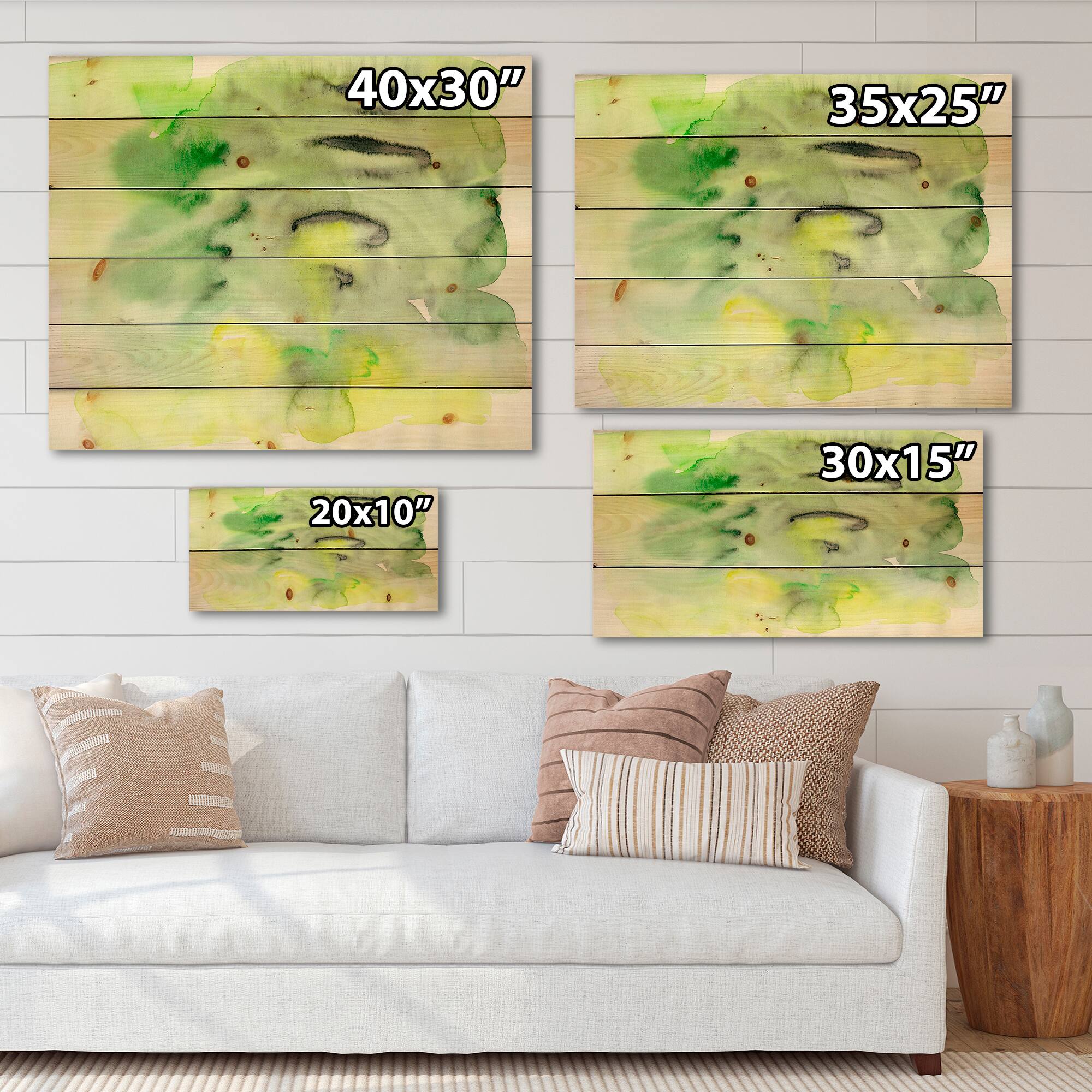 Designart - Abstract Pond of Green and Yellow - Modern Print on Natural Pine Wood