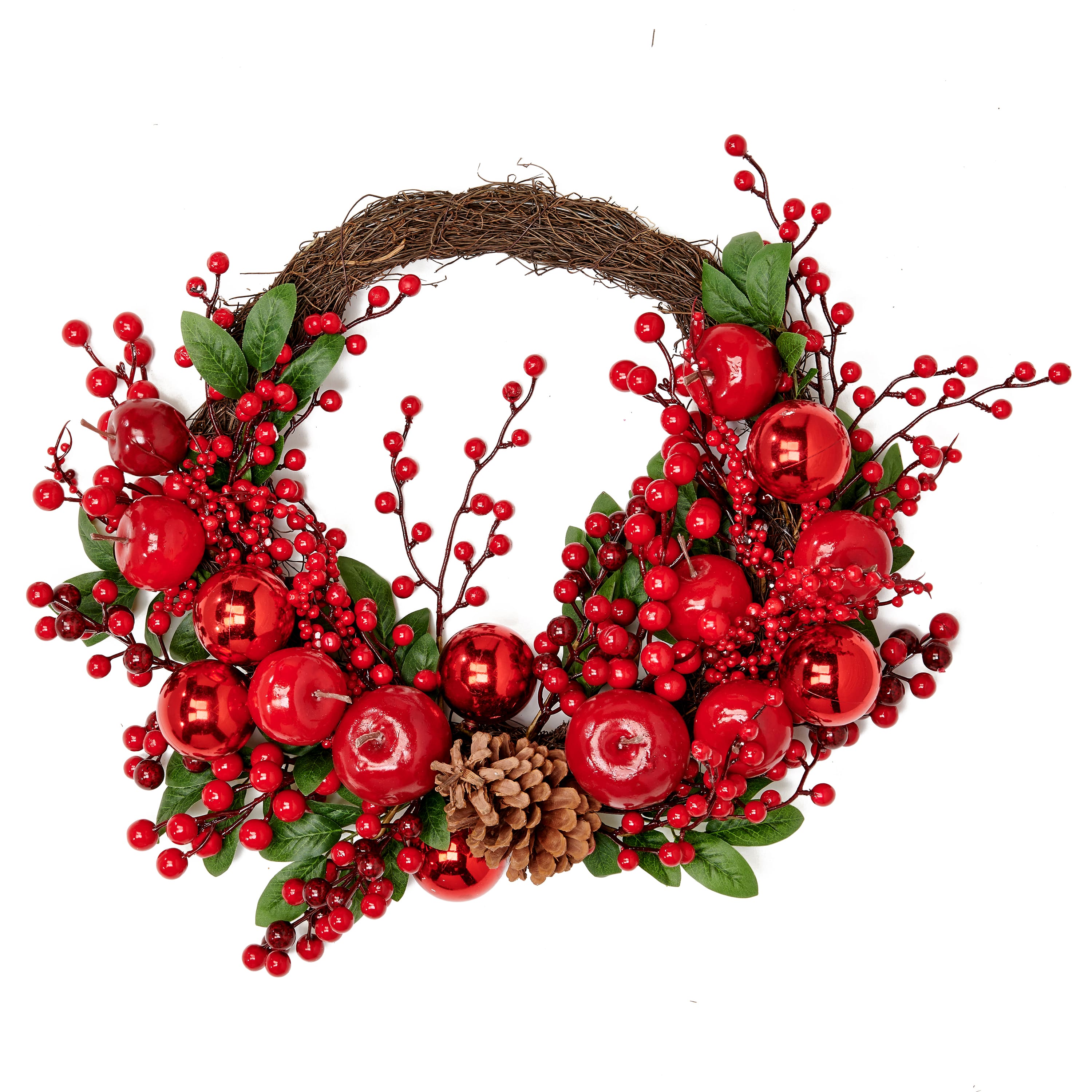16" Christmas Red Apple Berries and Pine Cone Half Wreath