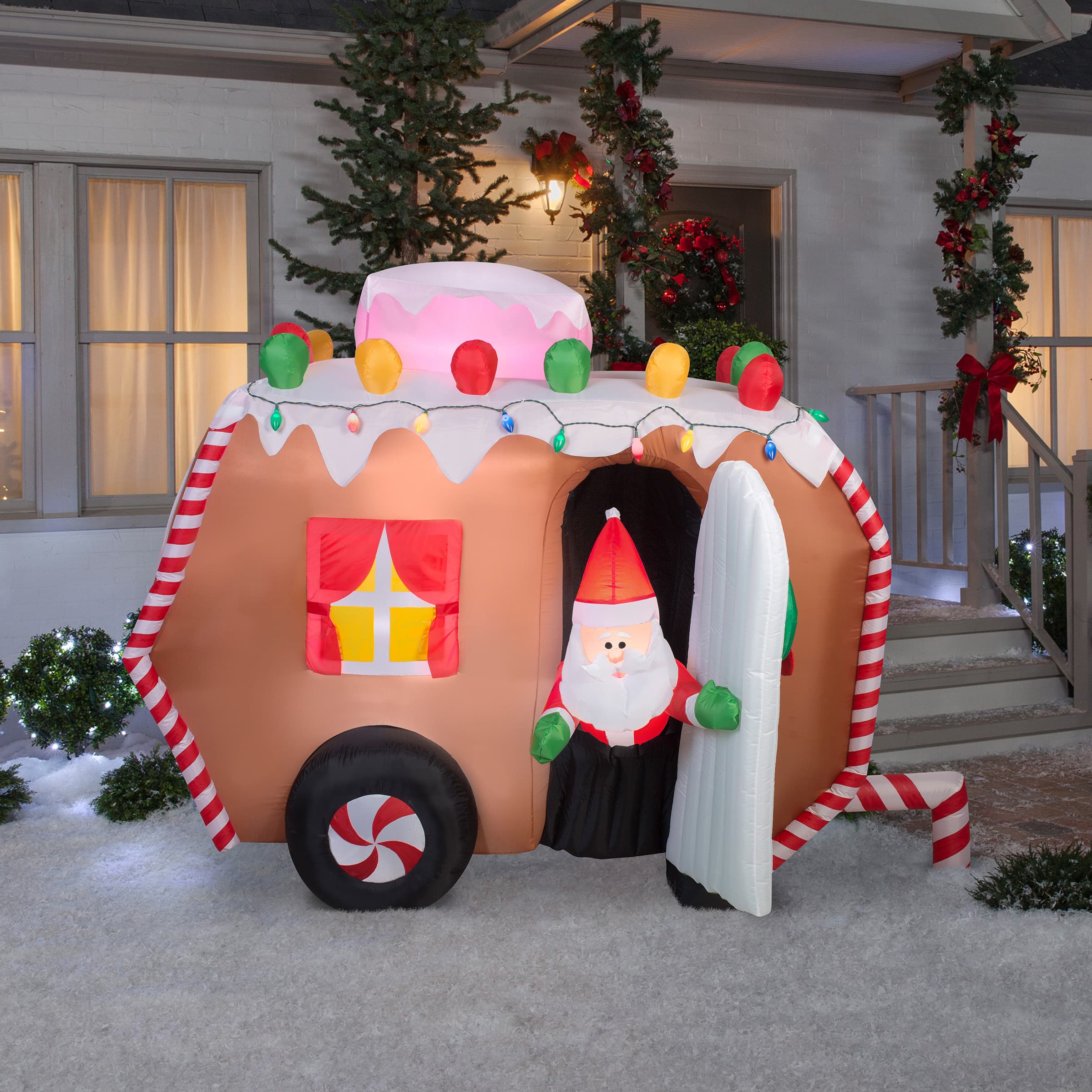 7.5ft. Airblown® Gingerbread Trailer and Santa with 16 White LED Incandescent Lights