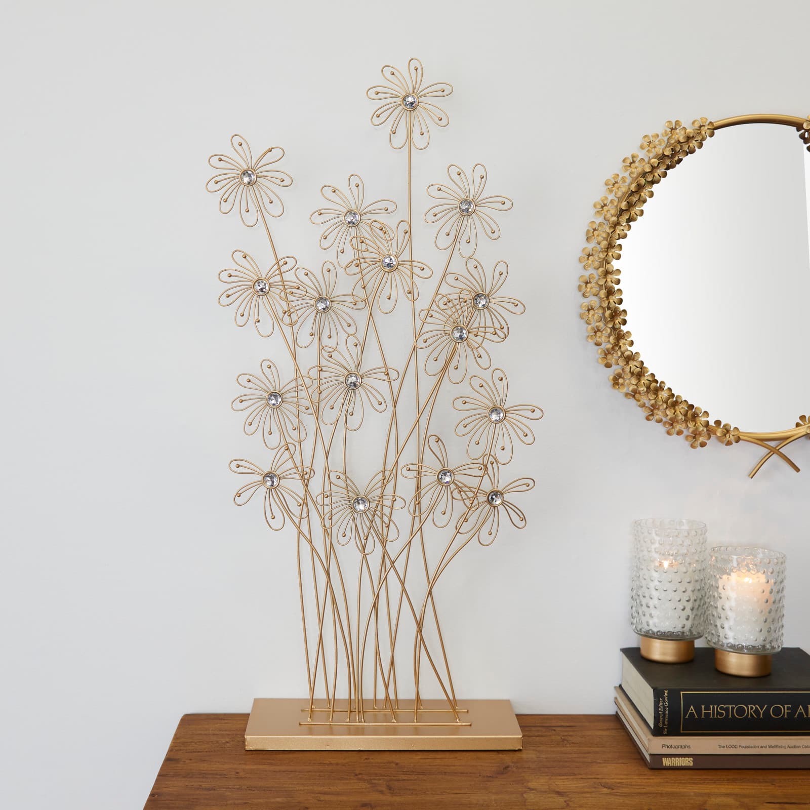 3.25ft. Gold Colored Metal Floral Sculpture with Crystal Embellishments