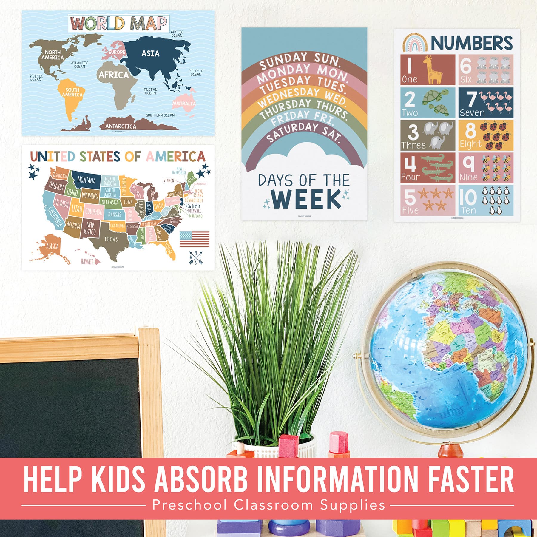 Hadley Designs 11" x 17" Boho Preschool Educational Laminated Posters for Toddlers Set