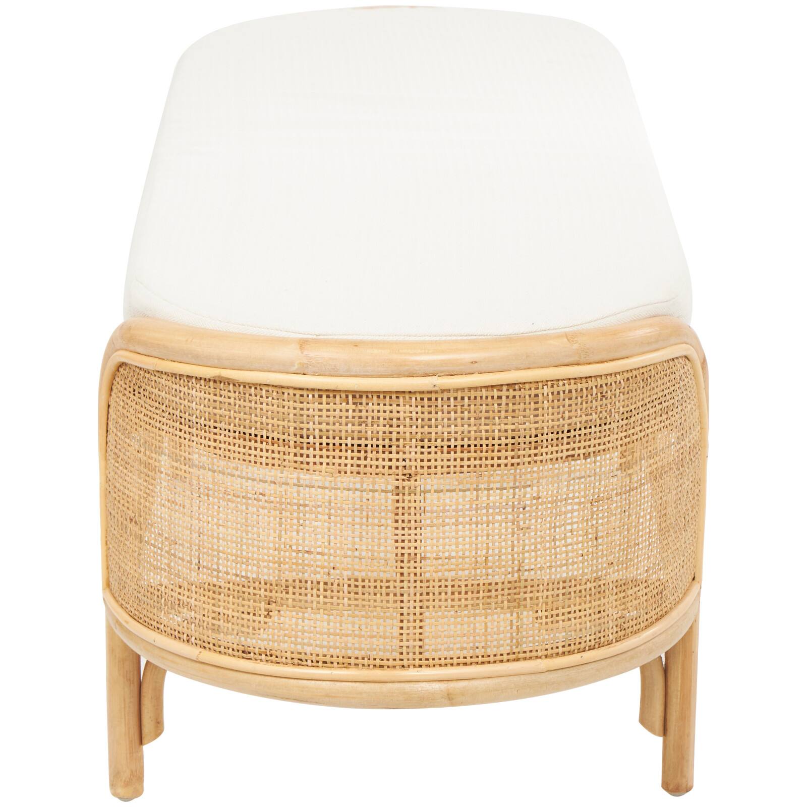 49" Brown Rattan Handmade Oval Bench with White Fabric Cushion