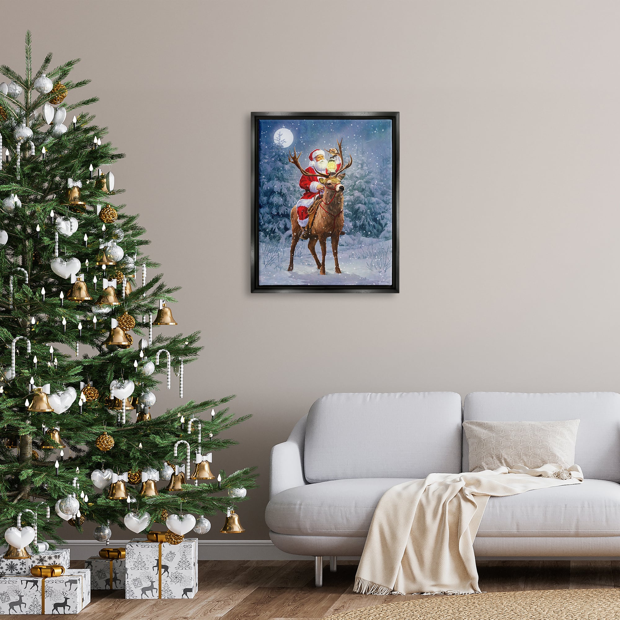 Stupell Industries Santa Riding Reindeer Landscape Framed Floater Canvas Wall Art