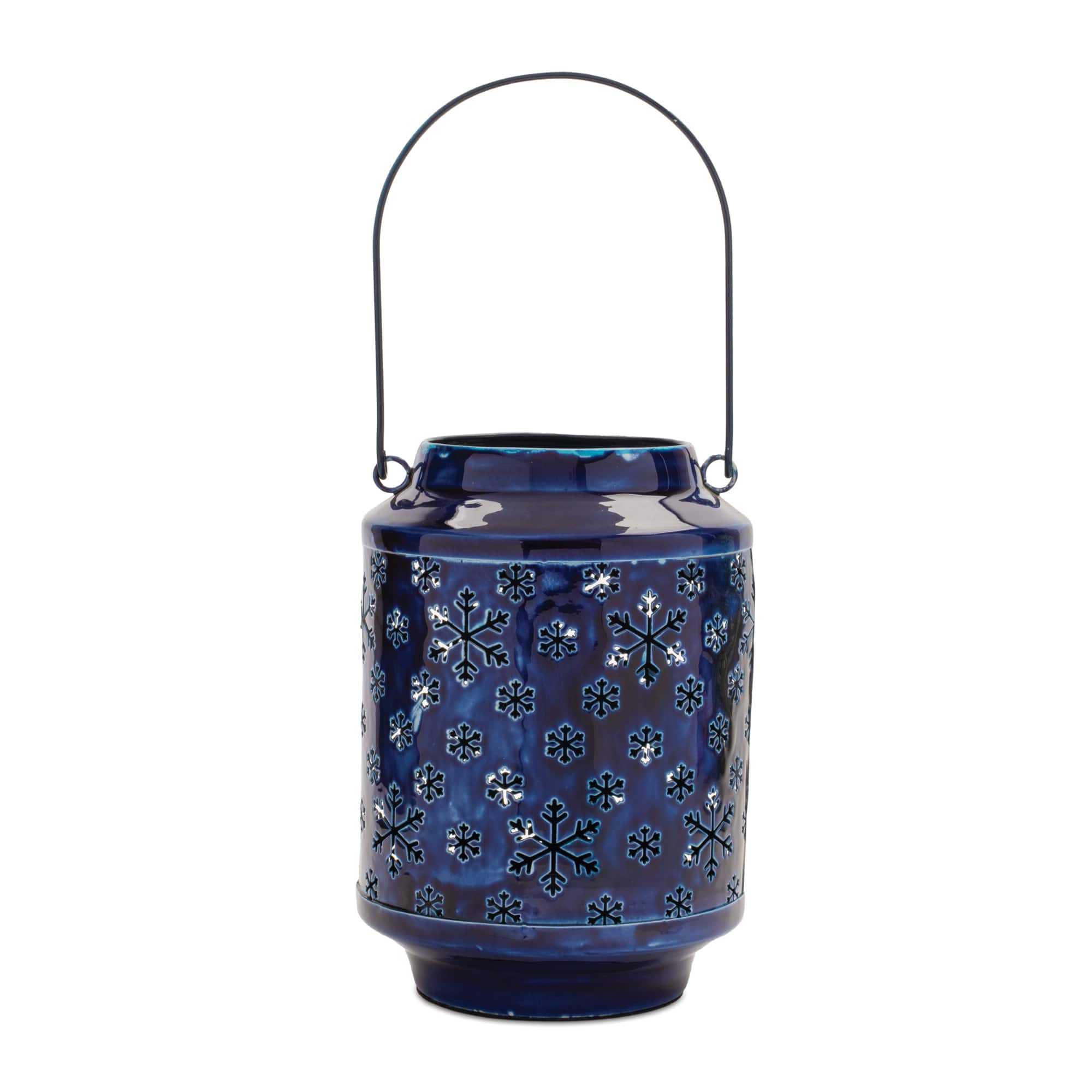 9.75" Blue Punched Metal Snowflake Candle Lantern