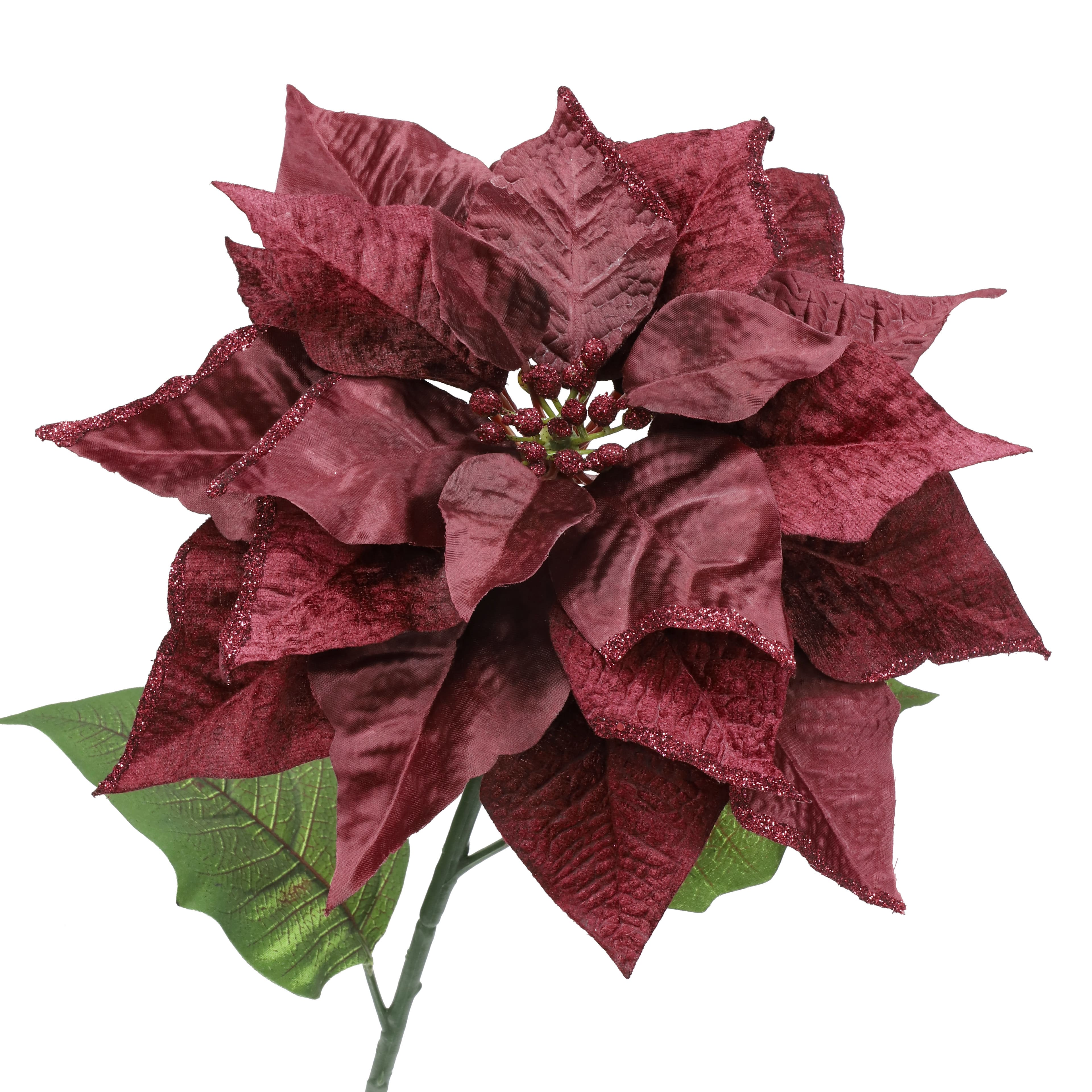 27" Velvet & Glittered Wine Poinsettia Stem by Ashland®