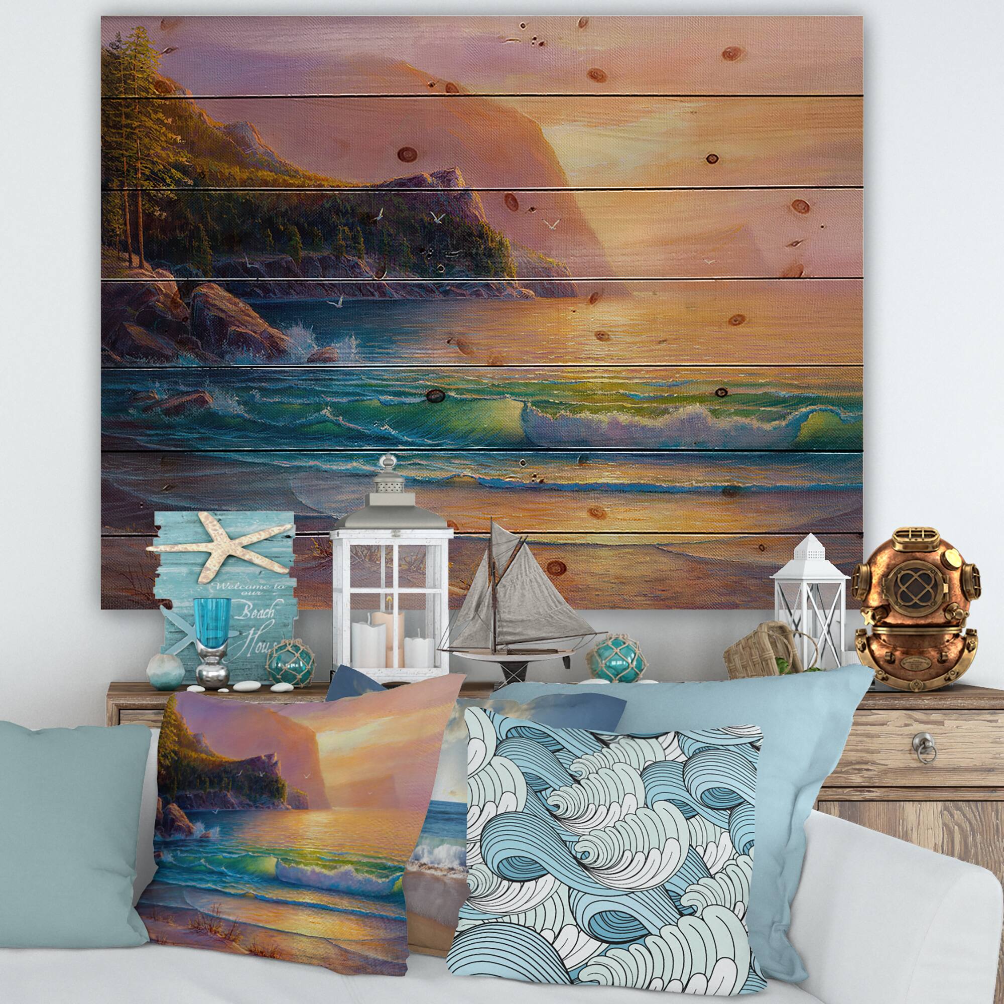 Designart - Romantic Beach During Warm Sunset - Nautical & Coastal Print on Natural Pine Wood