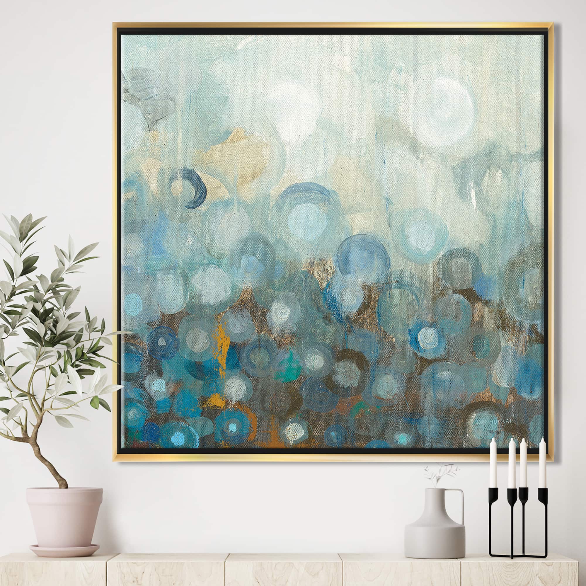 Designart - Blue and Bronze Dots on Glass II