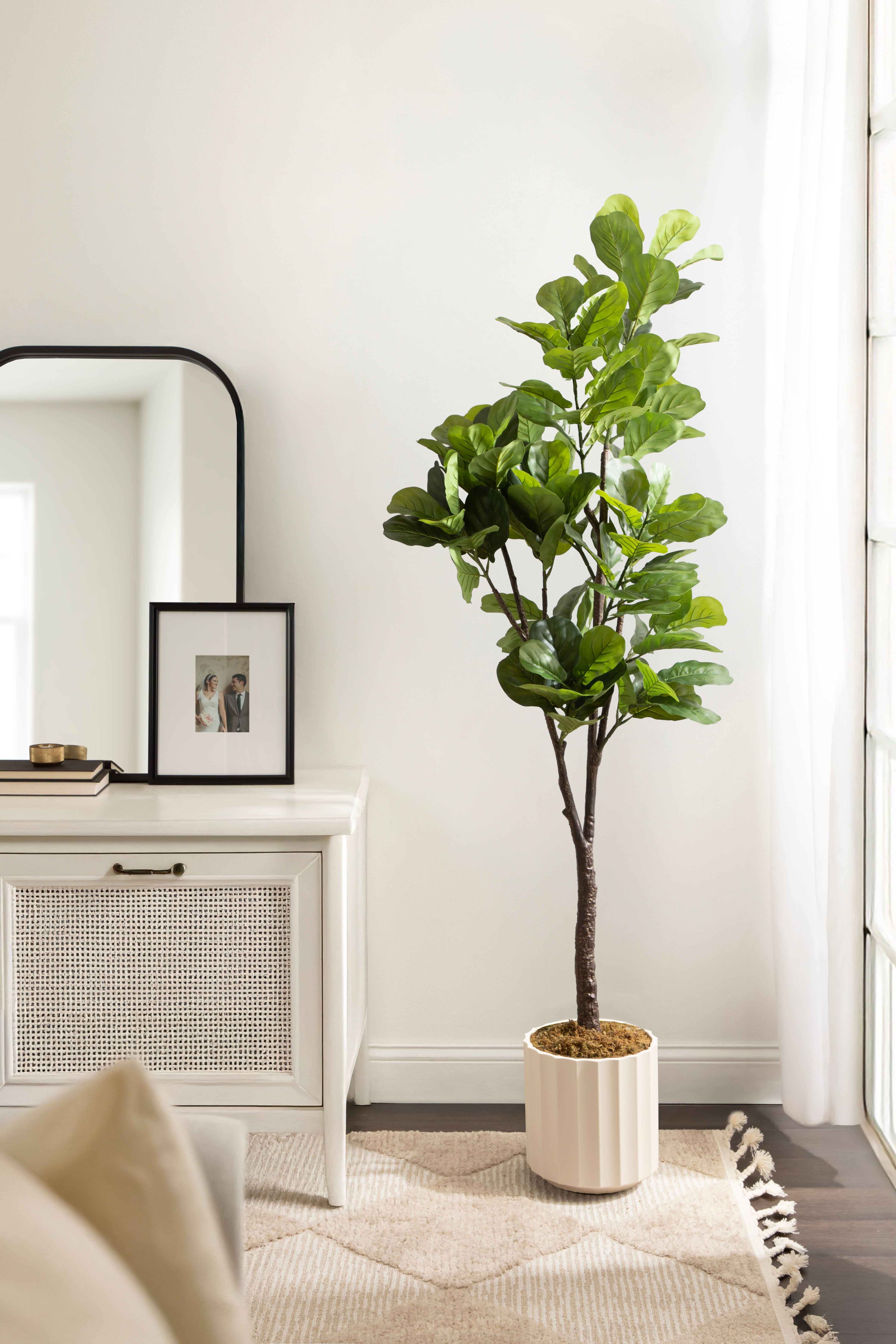Kate and Laurel 6ft. Fidmont Faux Fiddle Fig Tree with White Planter