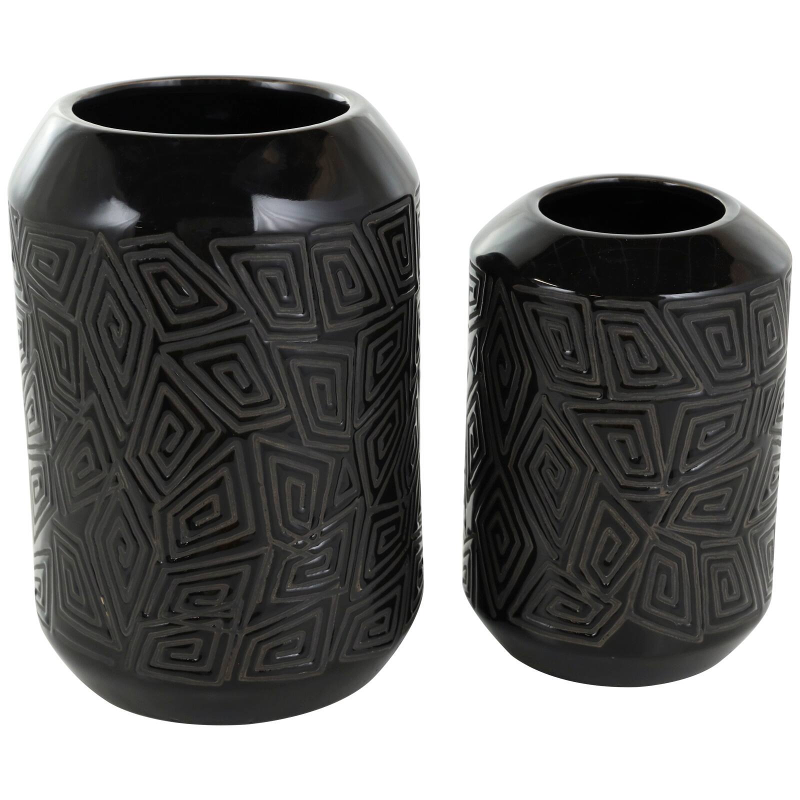 Black Ceramic Vase with Geometric Etchings Set