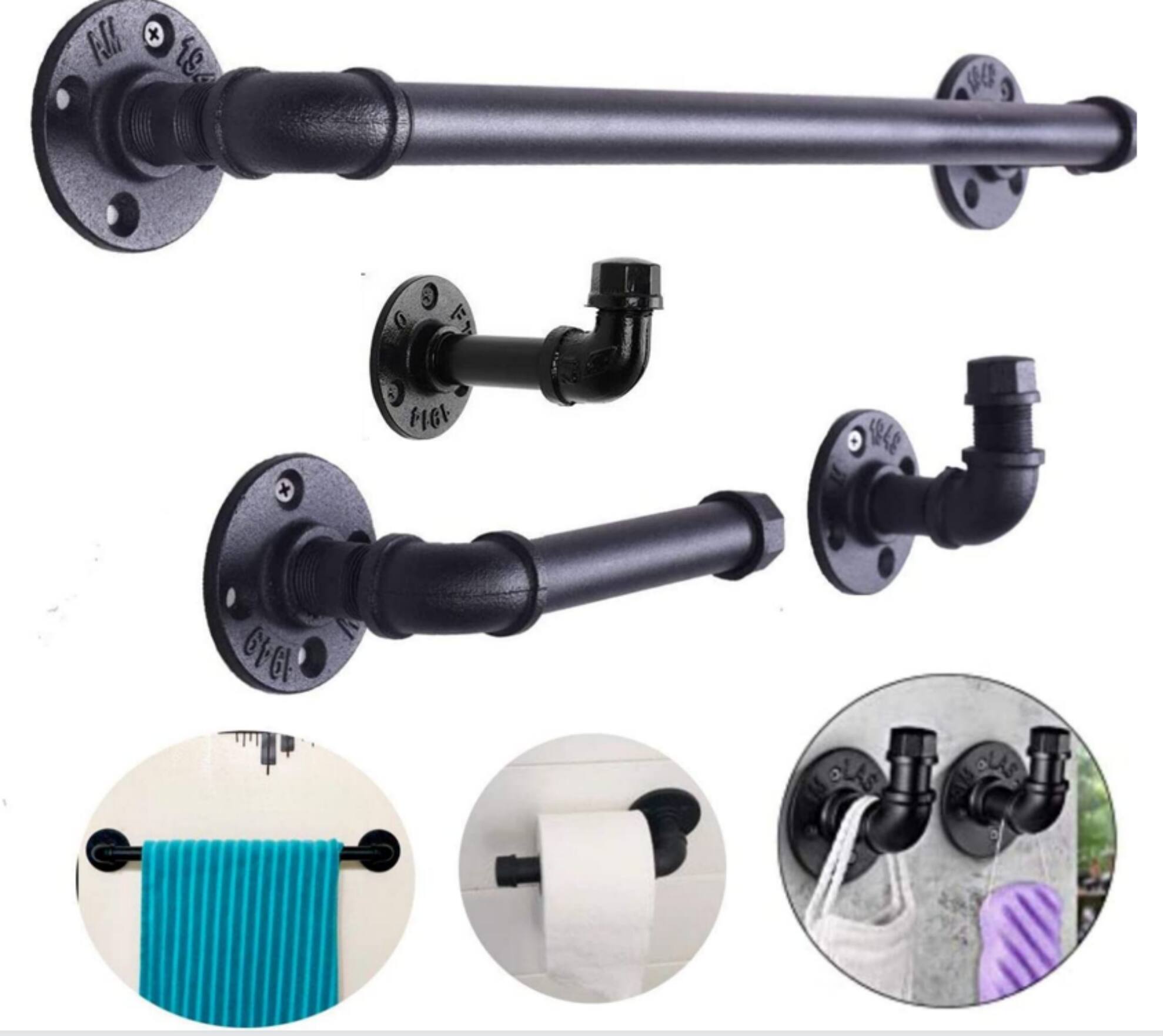 Black 4-Piece Wall Mounted Industrial Pipe Bathroom Hardware Set