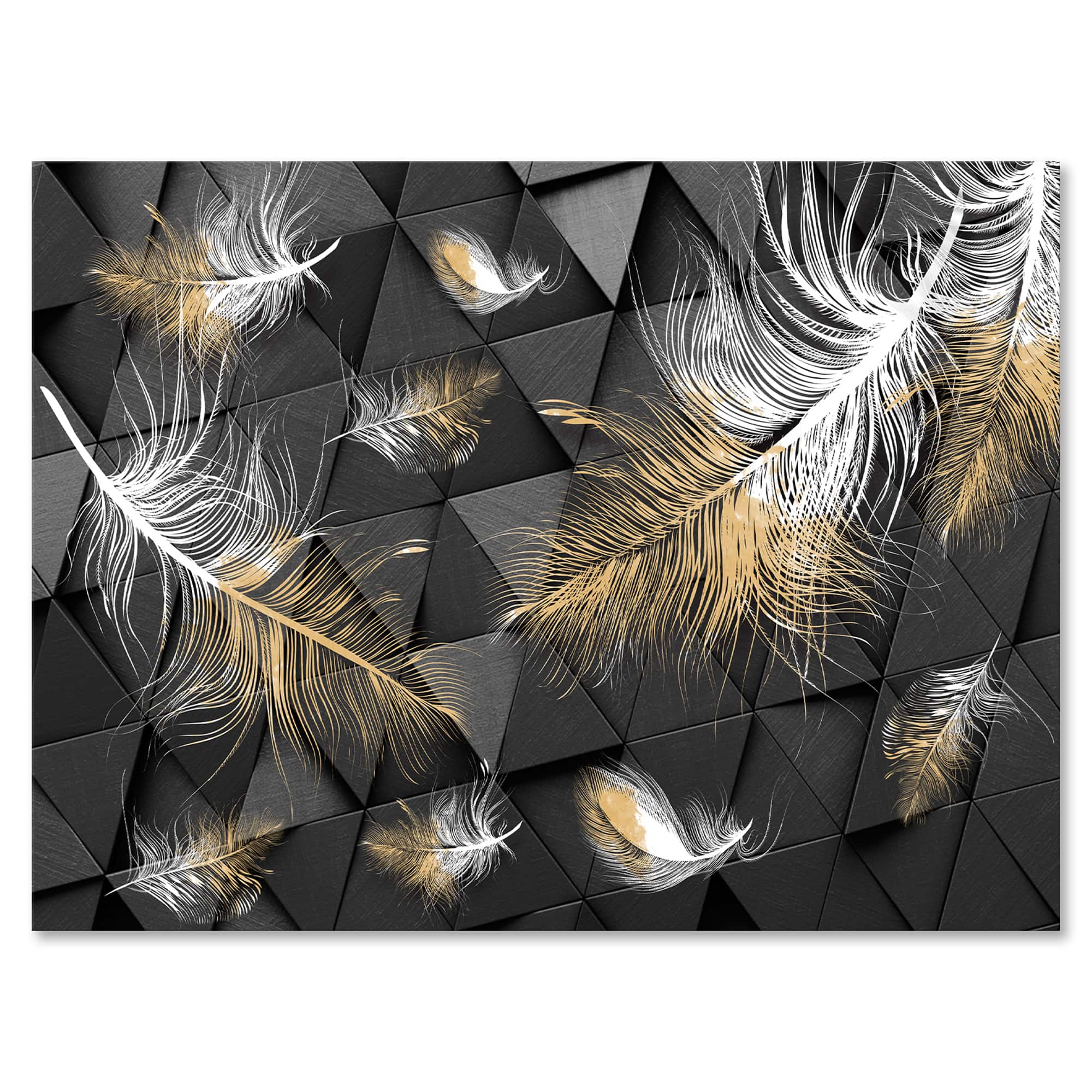 Designart - White and Gold Feathers On Triangular
