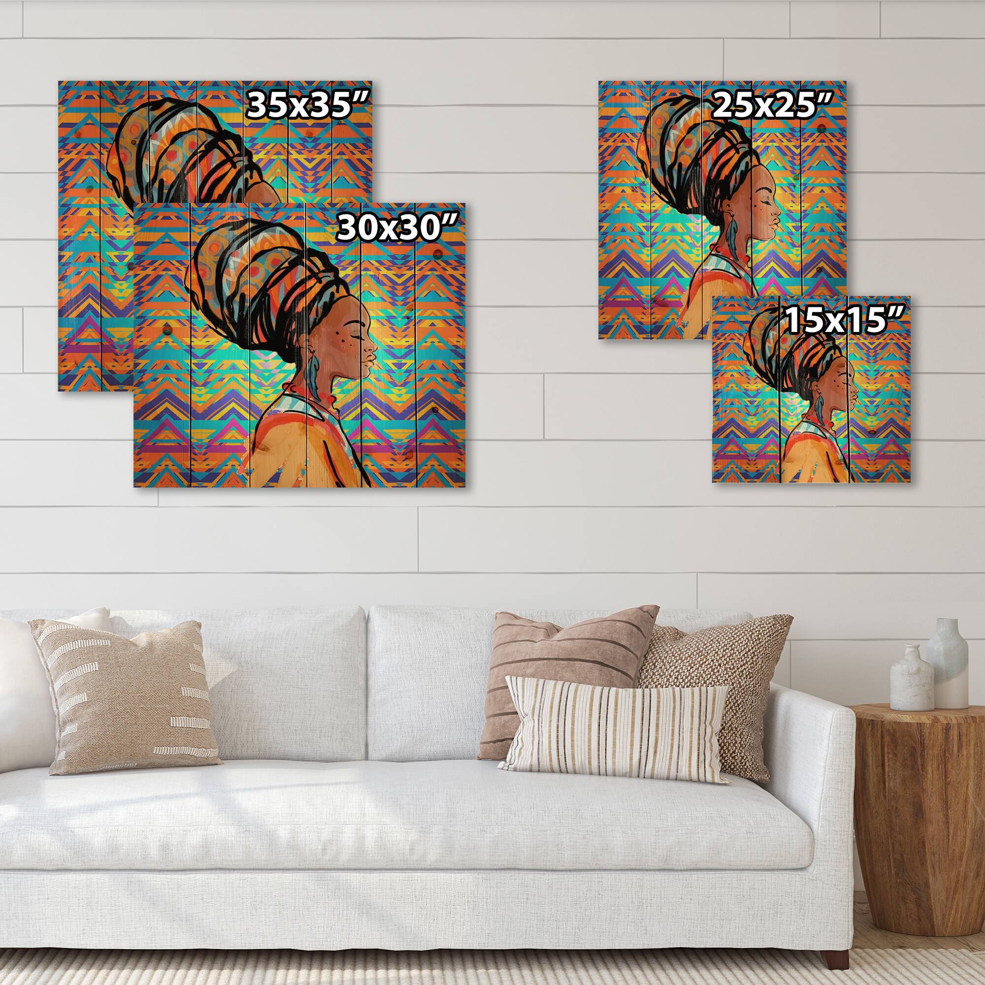 Designart - African American Woman with Turban IV - Modern Print on Natural Pine Wood
