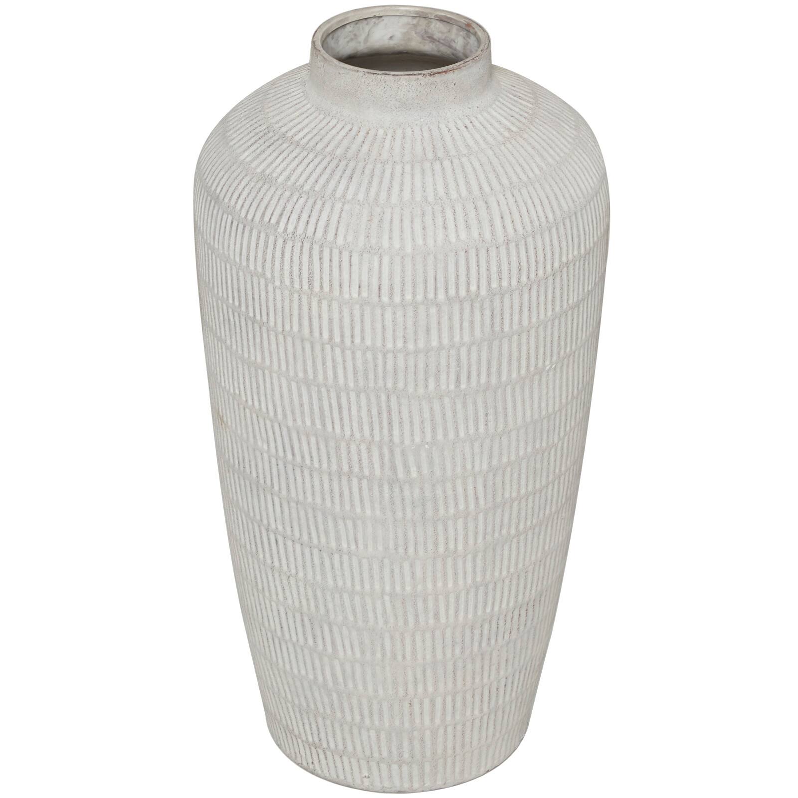 Cream Ceramic Textured Vase with Linear Pattern
