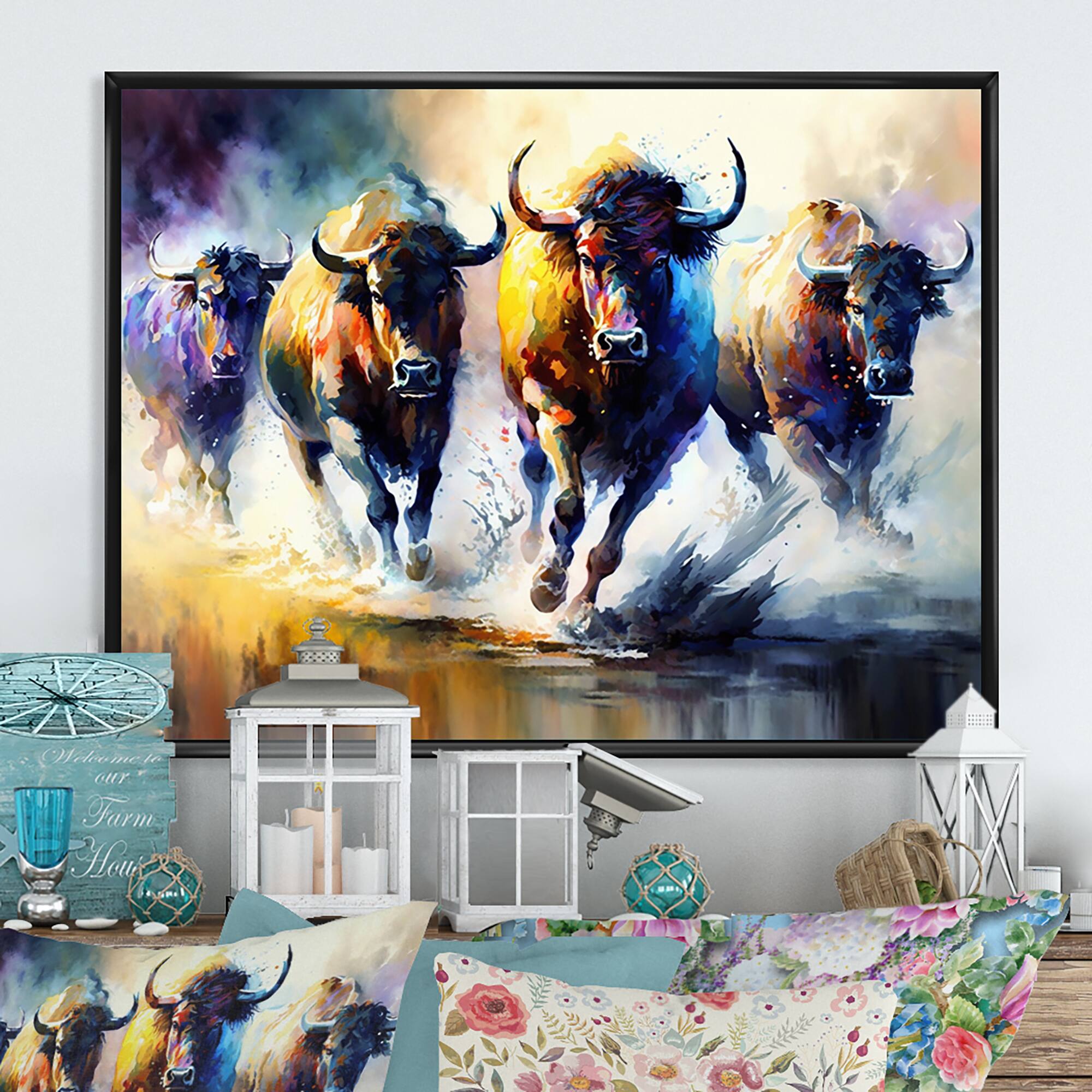 Designart 'Buffalo's Running' Animals Framed Canvas Wall Art