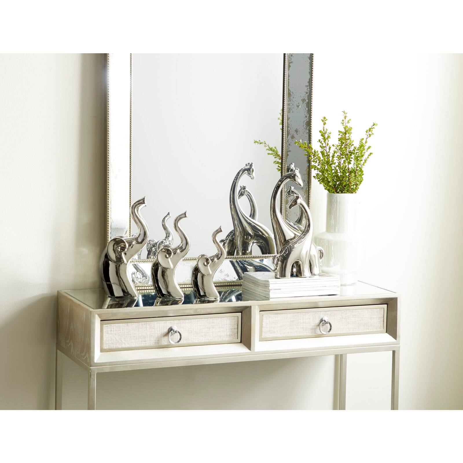 Silver Porcelain Contemporary Elephant Sculpture Set