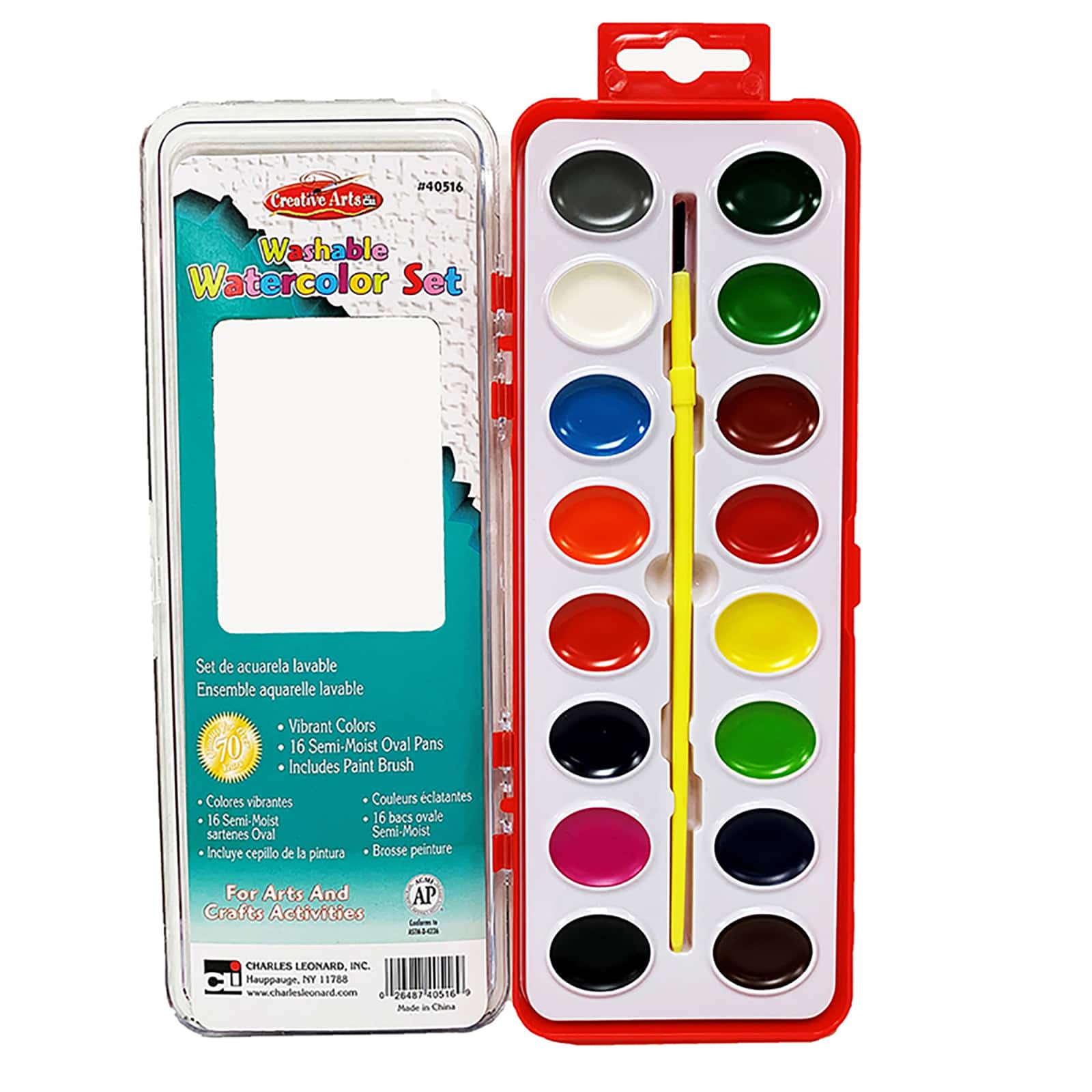 Charles Leonard Washable Watercolor Set with Brush, 12 Packs of 16