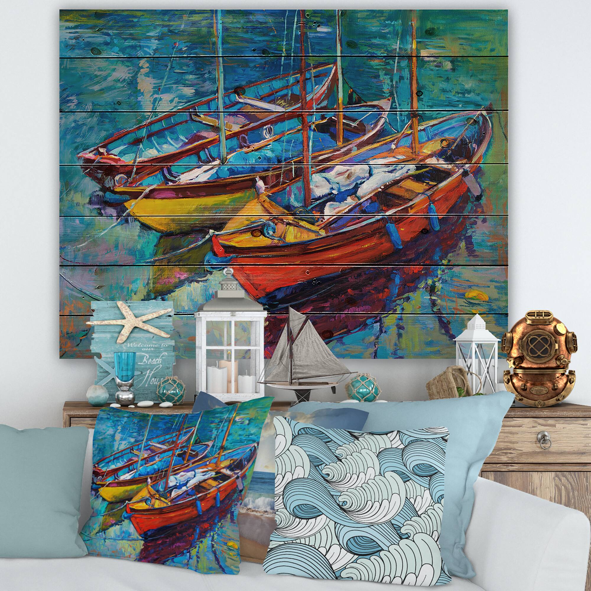 Designart - Three Boats In The Harbor