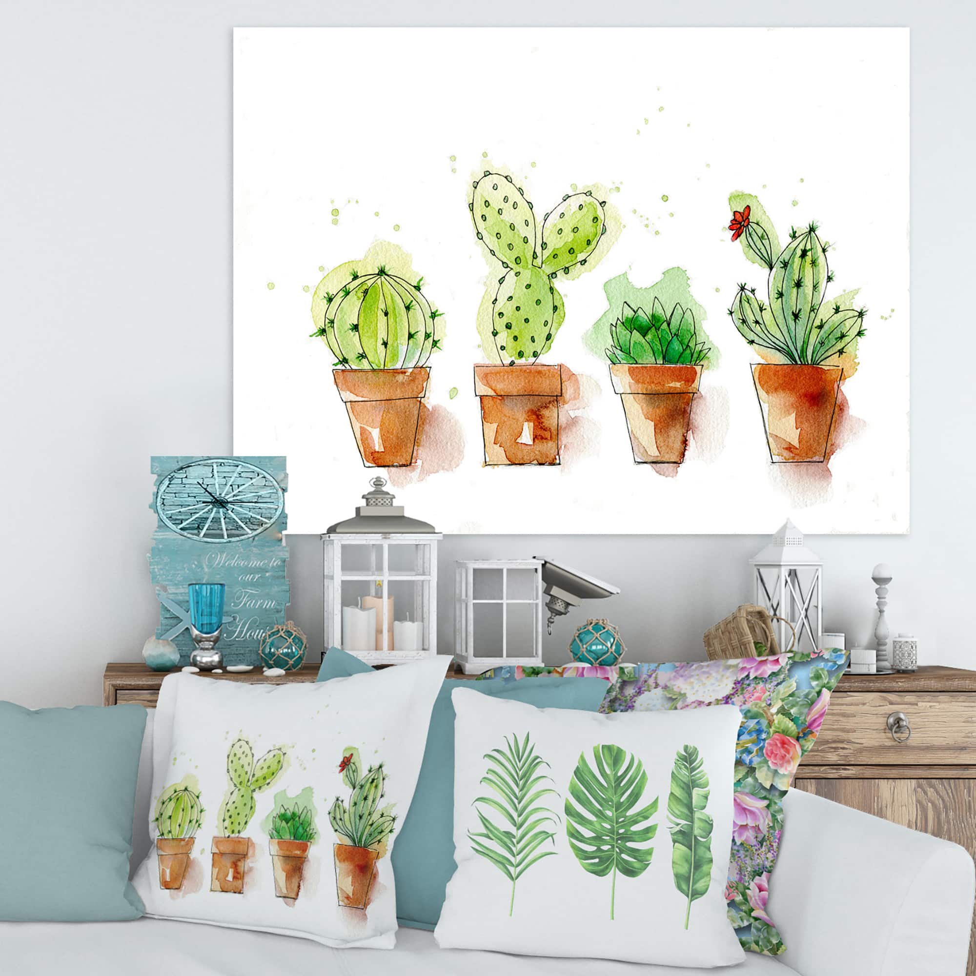 Designart - Cacti In Ceramic Pots In Gentle Tones I