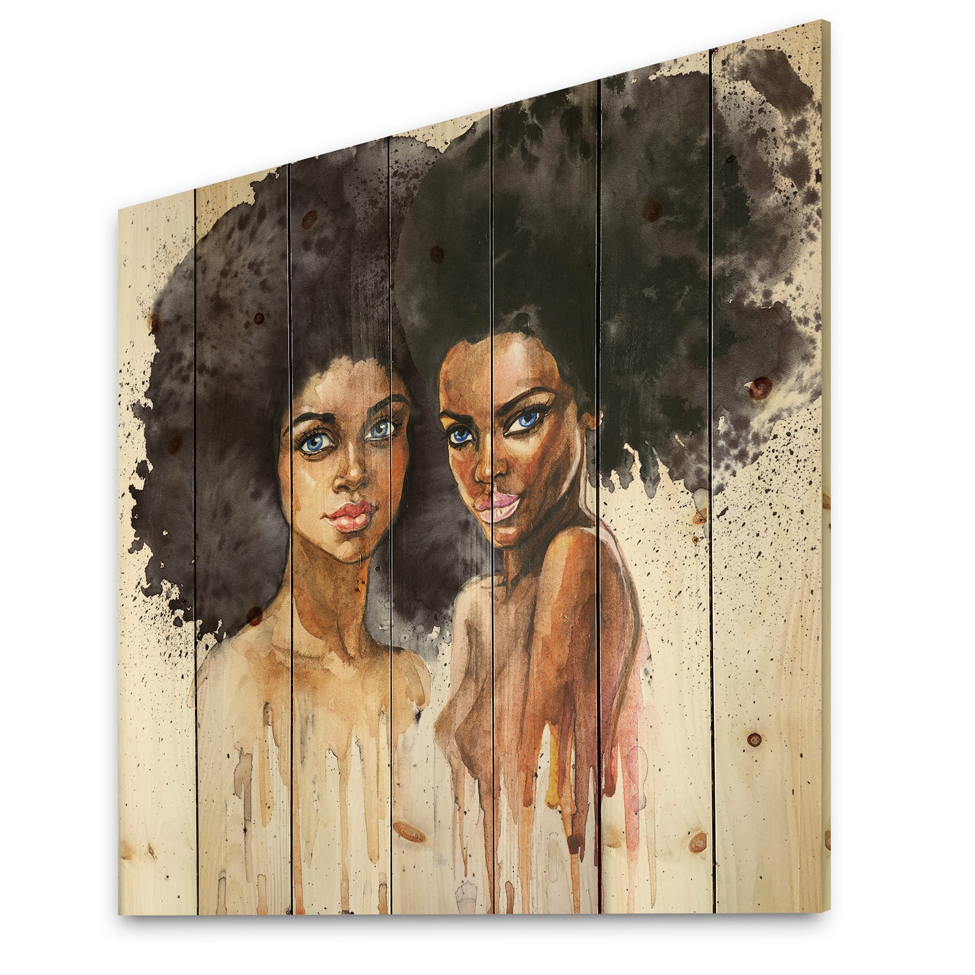 Designart - Portrait of Two Afro American Women - Modern Print on Natural Pine Wood