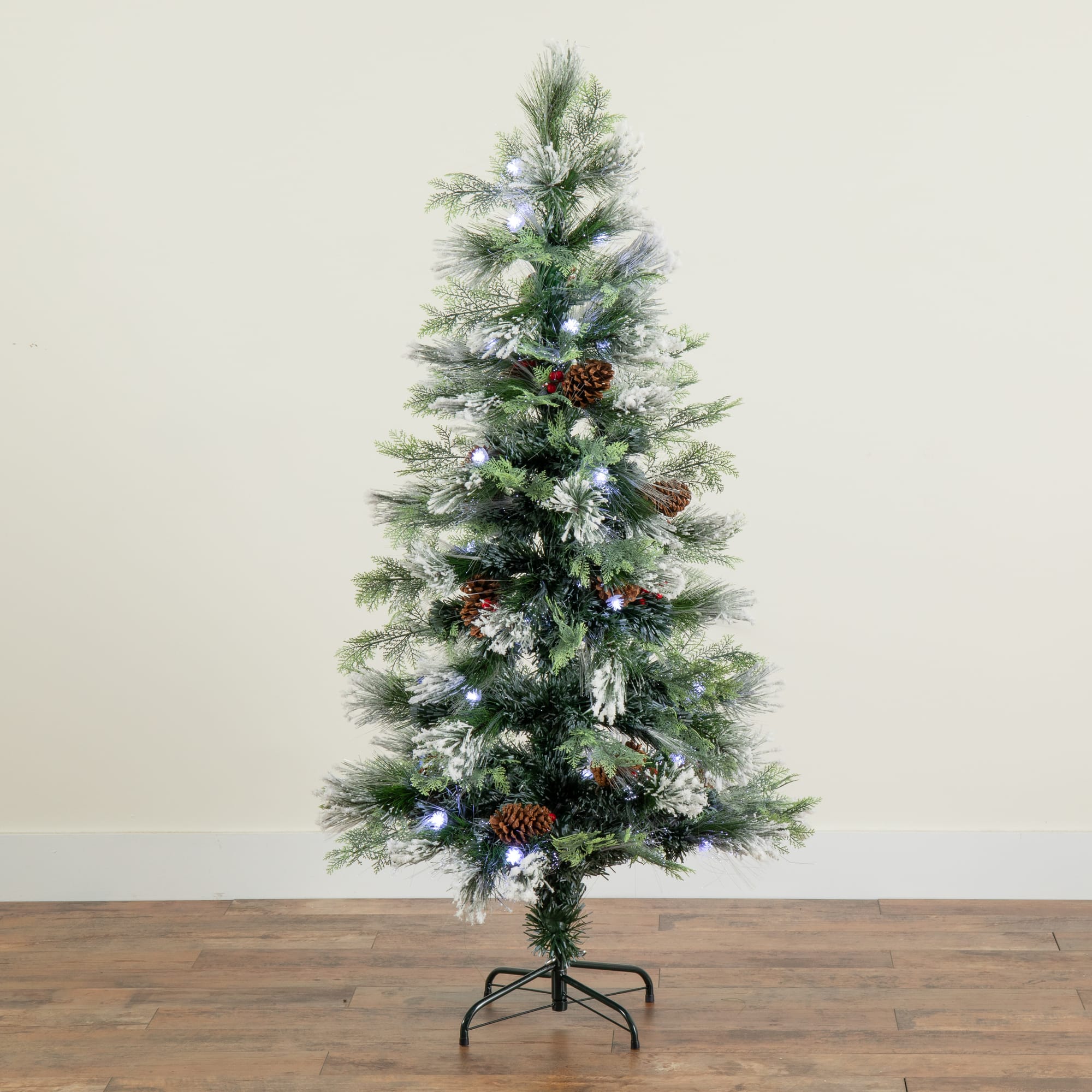 5ft. Fiber Optic White LED Lights Flocked Artificial Christmas Tree with White Pinecone