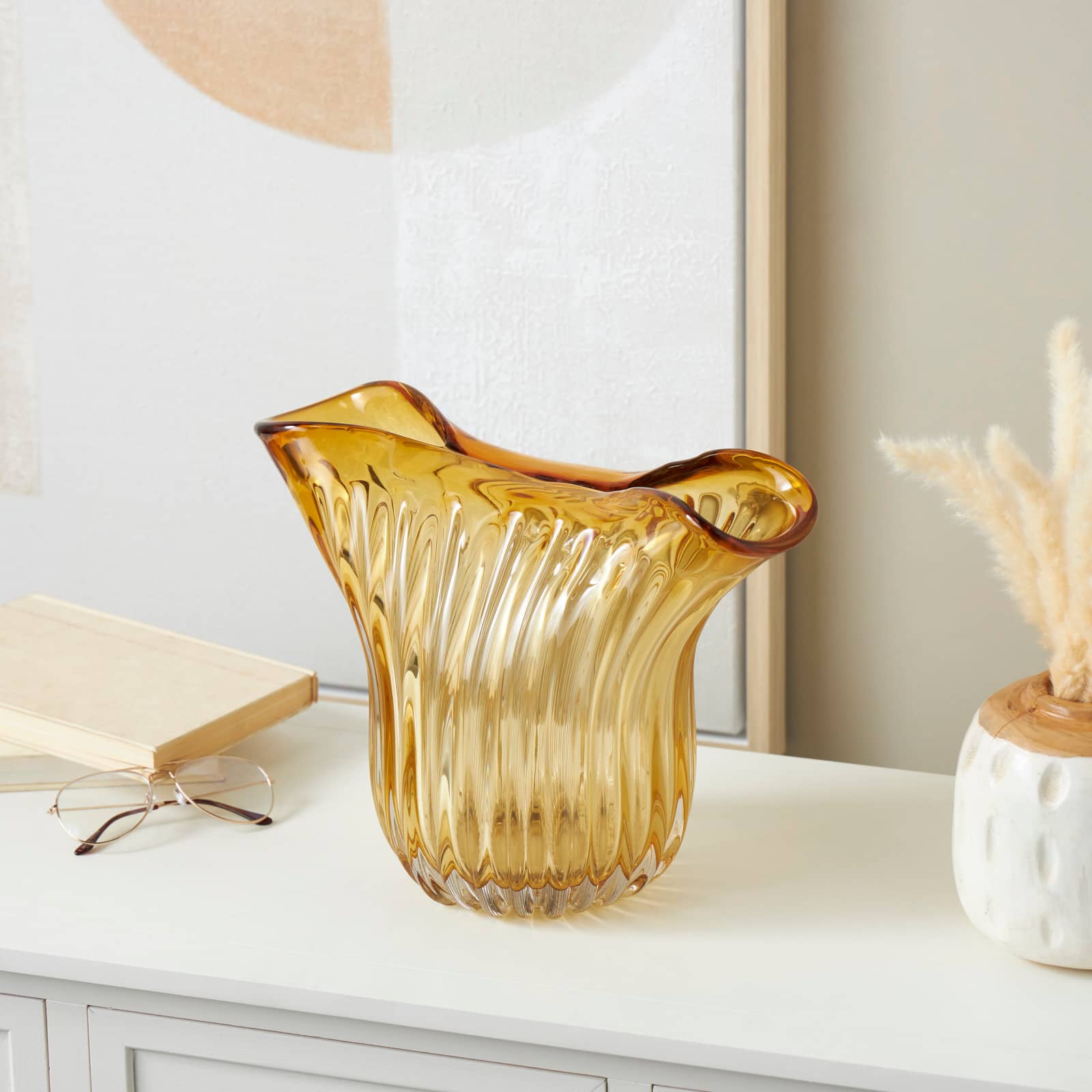 14" Orange Glass Ribbed Ombre Vase with Folded Curve Opening