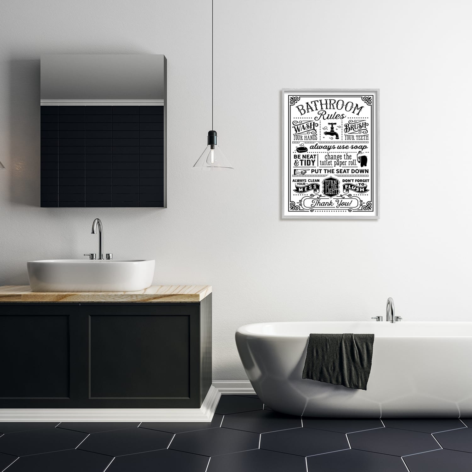Stupell Industries Vintage Style Bathroom Rules Diagram List Border Framed Giclee Art
