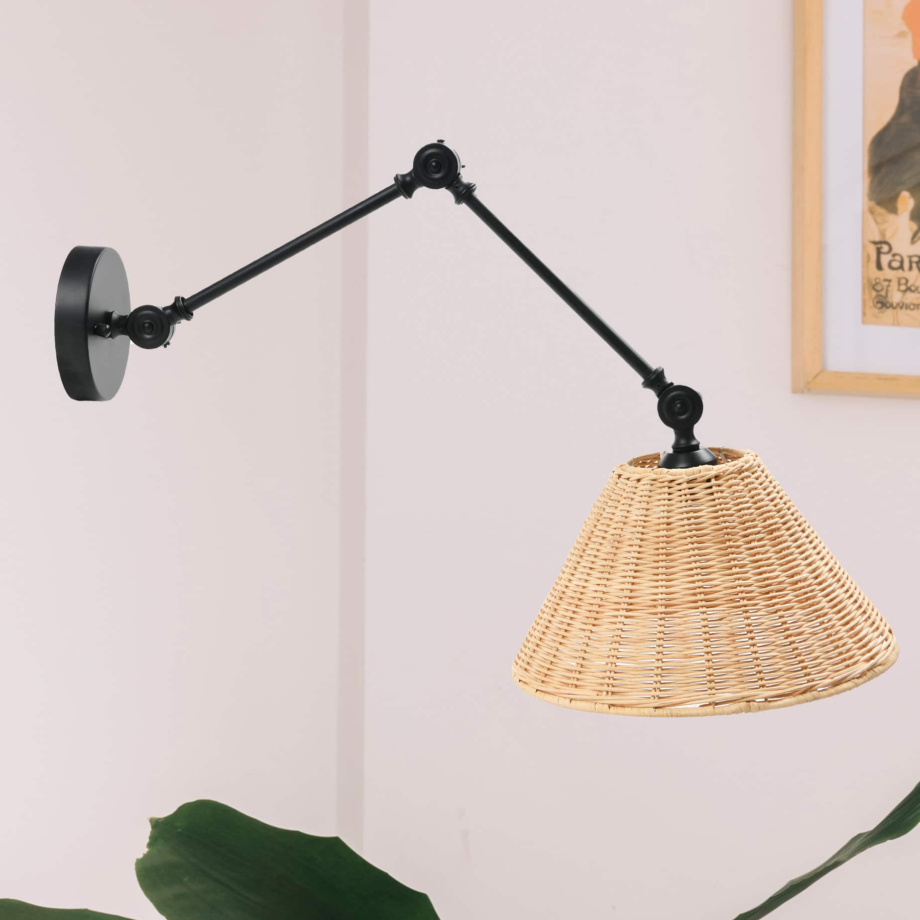 Hello Honey® 29" Black Metal Finish Coastal Adjustable Wall Sconce with Neutral Beige Rattan Shade