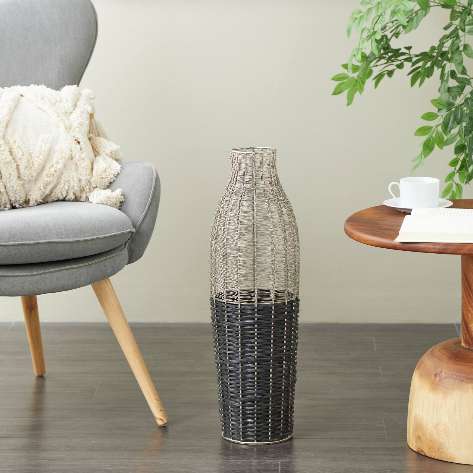 24" Silver Metal Vase with Woven Black Rattan Base