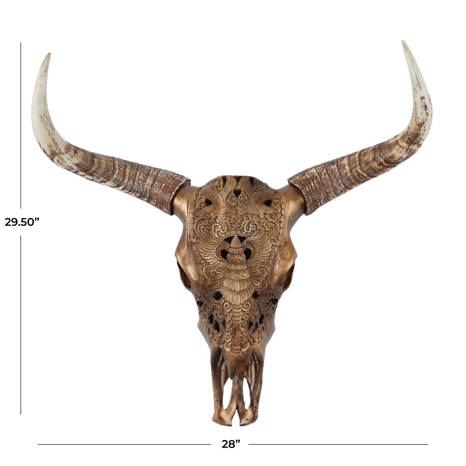 Bronze Polystone Carved Skull Cow Wall Decor 28" x 7" x 30"