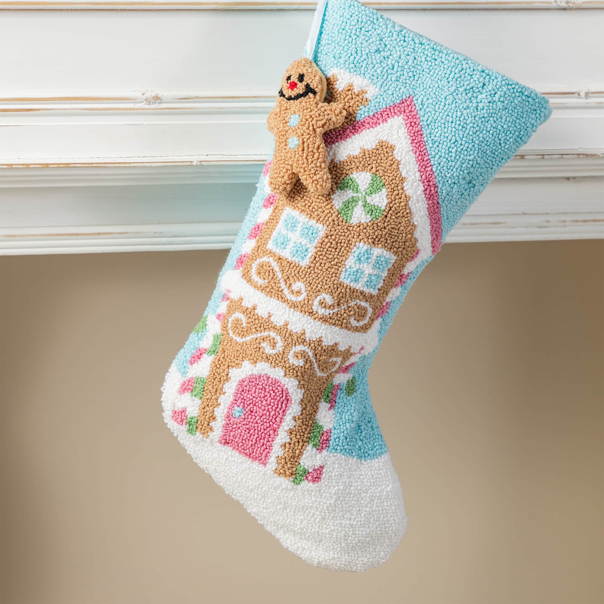 Glitzhome® 21"L Hooked Gingerbread House Stocking with Gingerbread Man Ornament