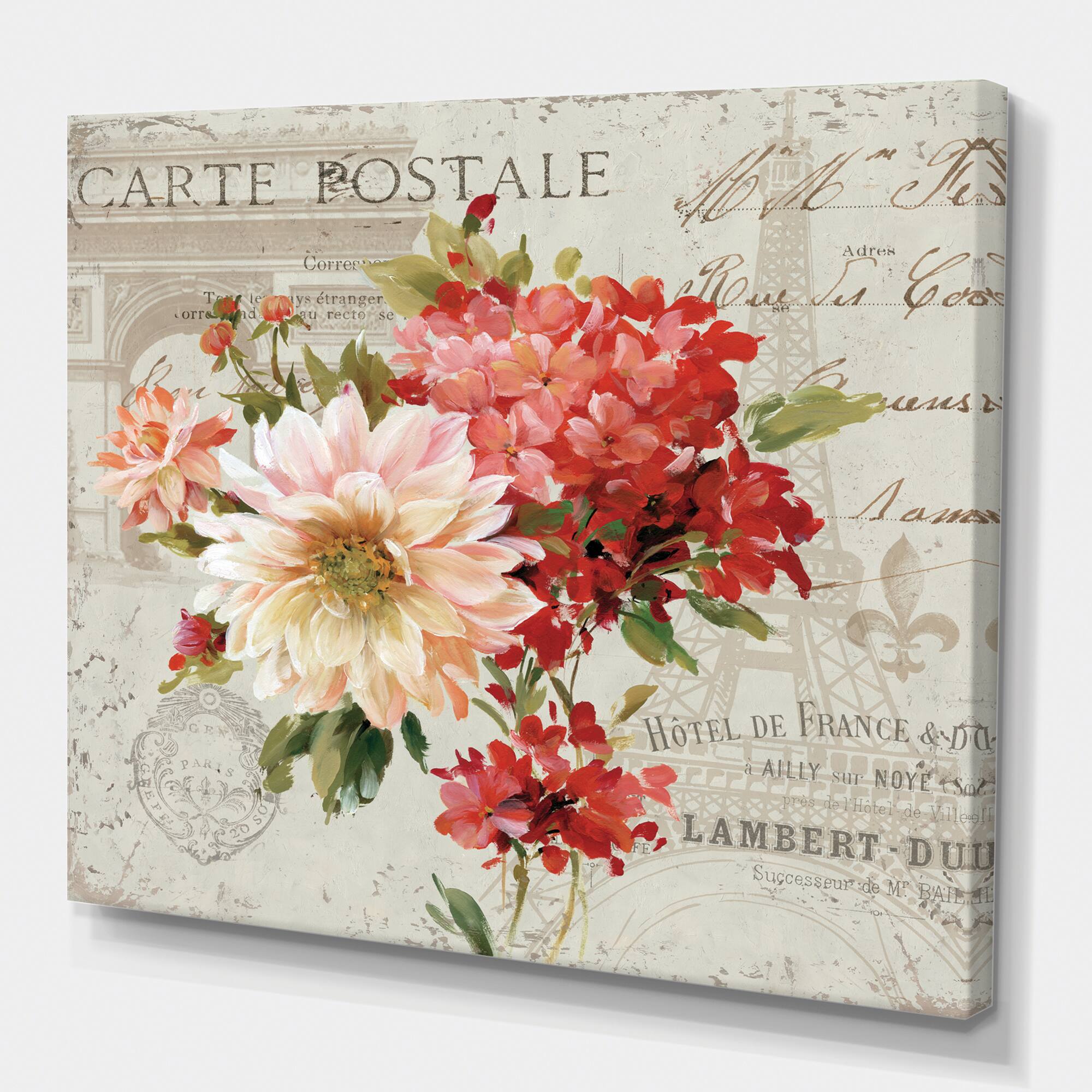 Designart - Red Painted Flowers on Vintage Postcard III