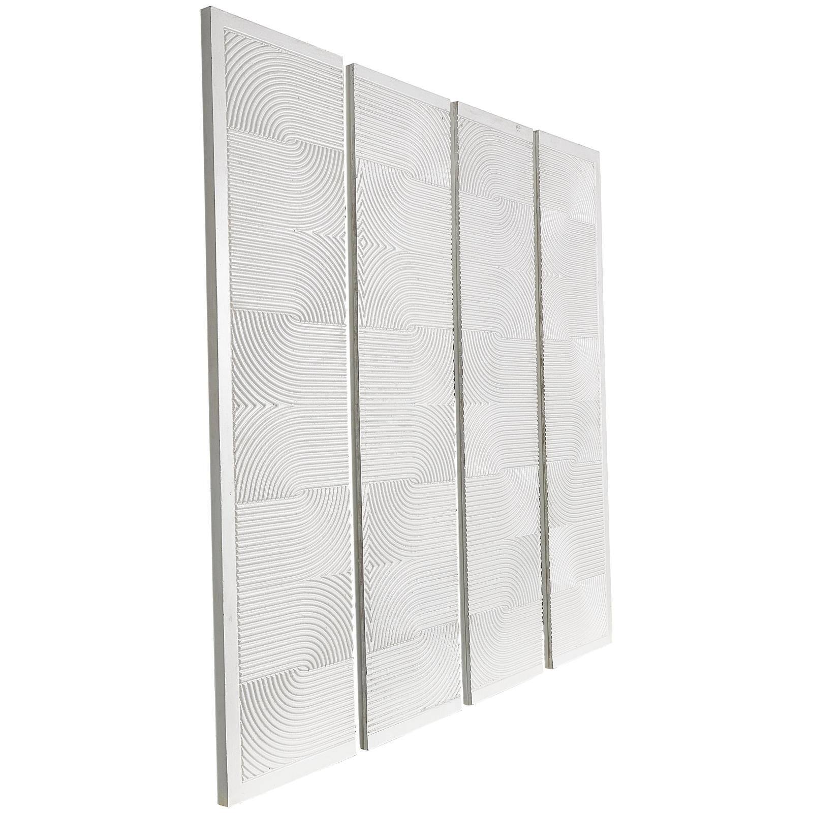 CosmoLiving by Cosmopolitan Wooden White Handmade Carved Panel Geometric Wall Art with Looped Sand Art Design, Set of 4