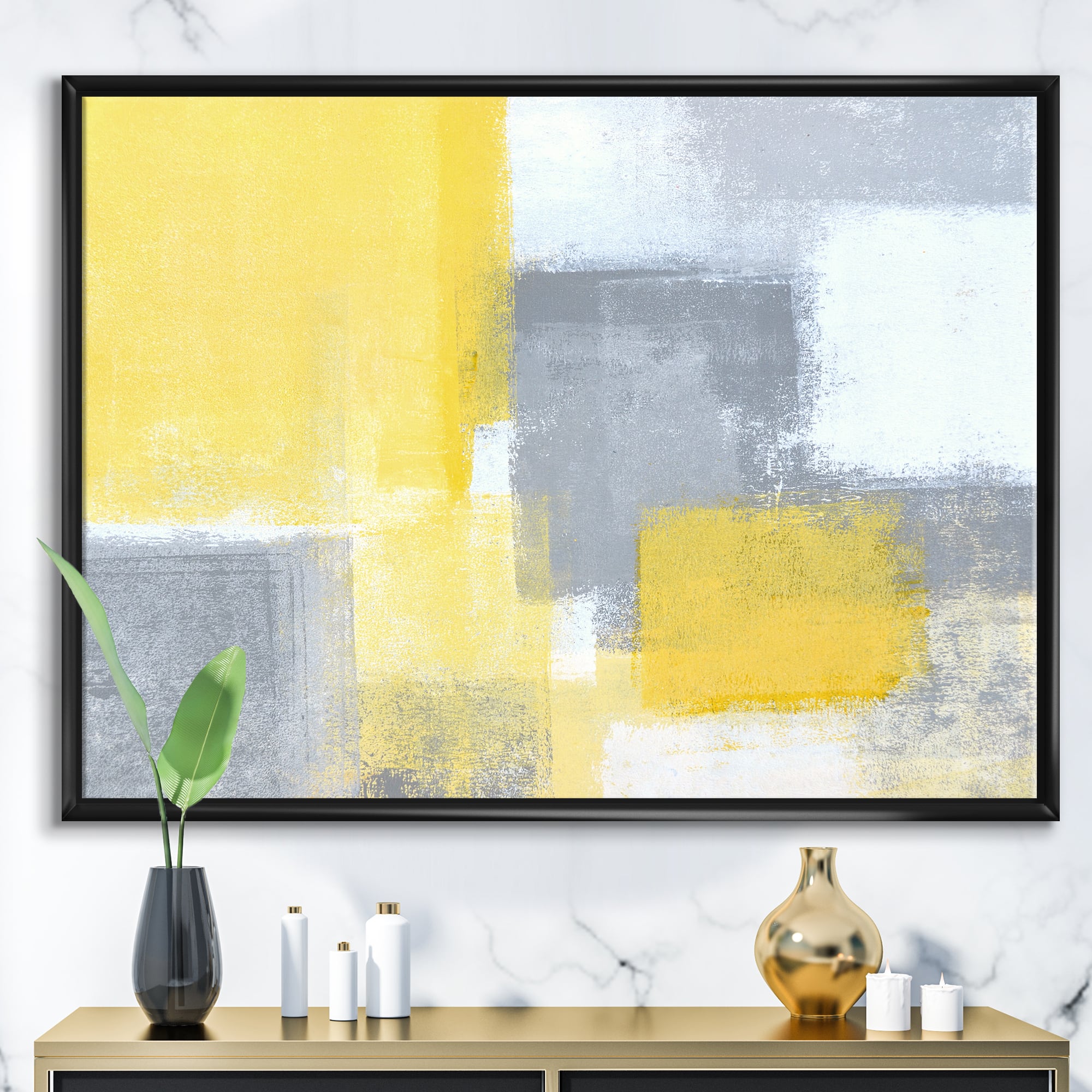 Designart - Grey and Yellow Blue Abstract XXI - Modern Framed Canvas Wall Art Print