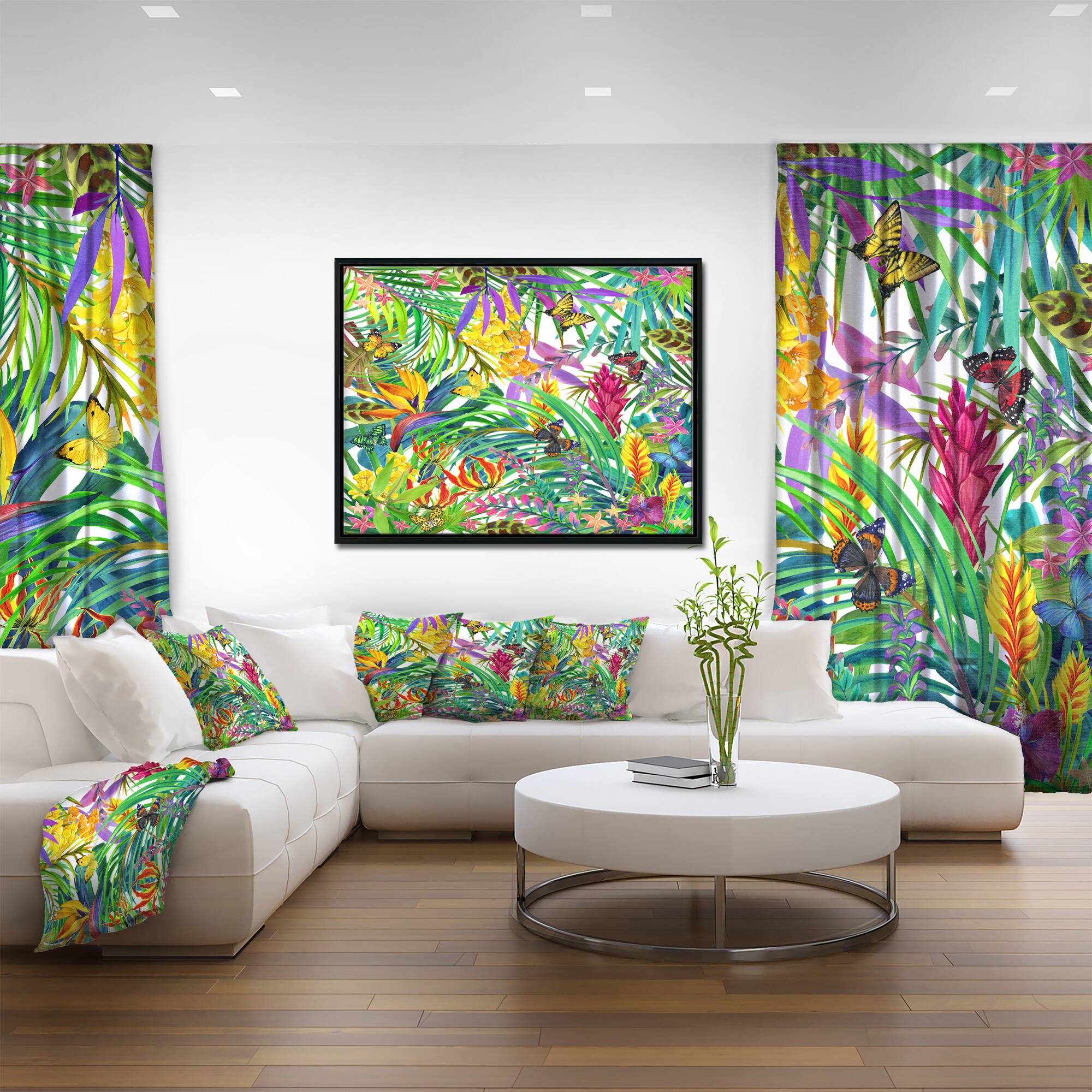 Designart - Tropical Leaves and Flowers - Floral Art Canvas Print in Black Frame