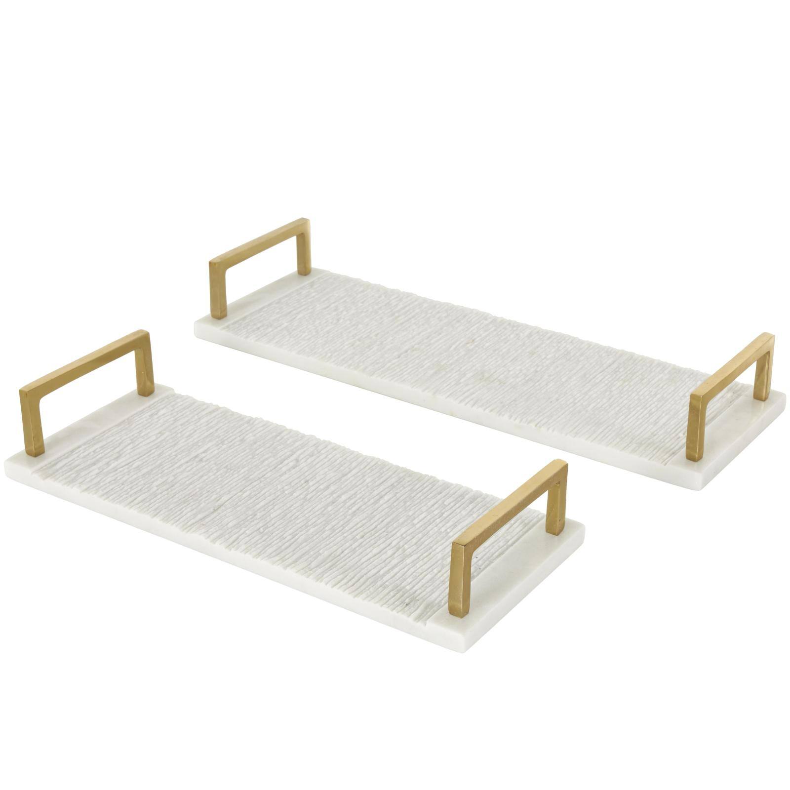 White with Gold Handles Marble Textured Tray Set