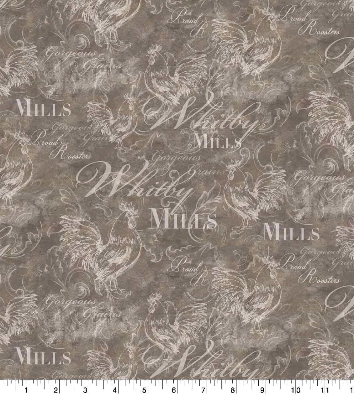 Susan Winget Farmhouse Rooster Script Swirls Cotton Fabric