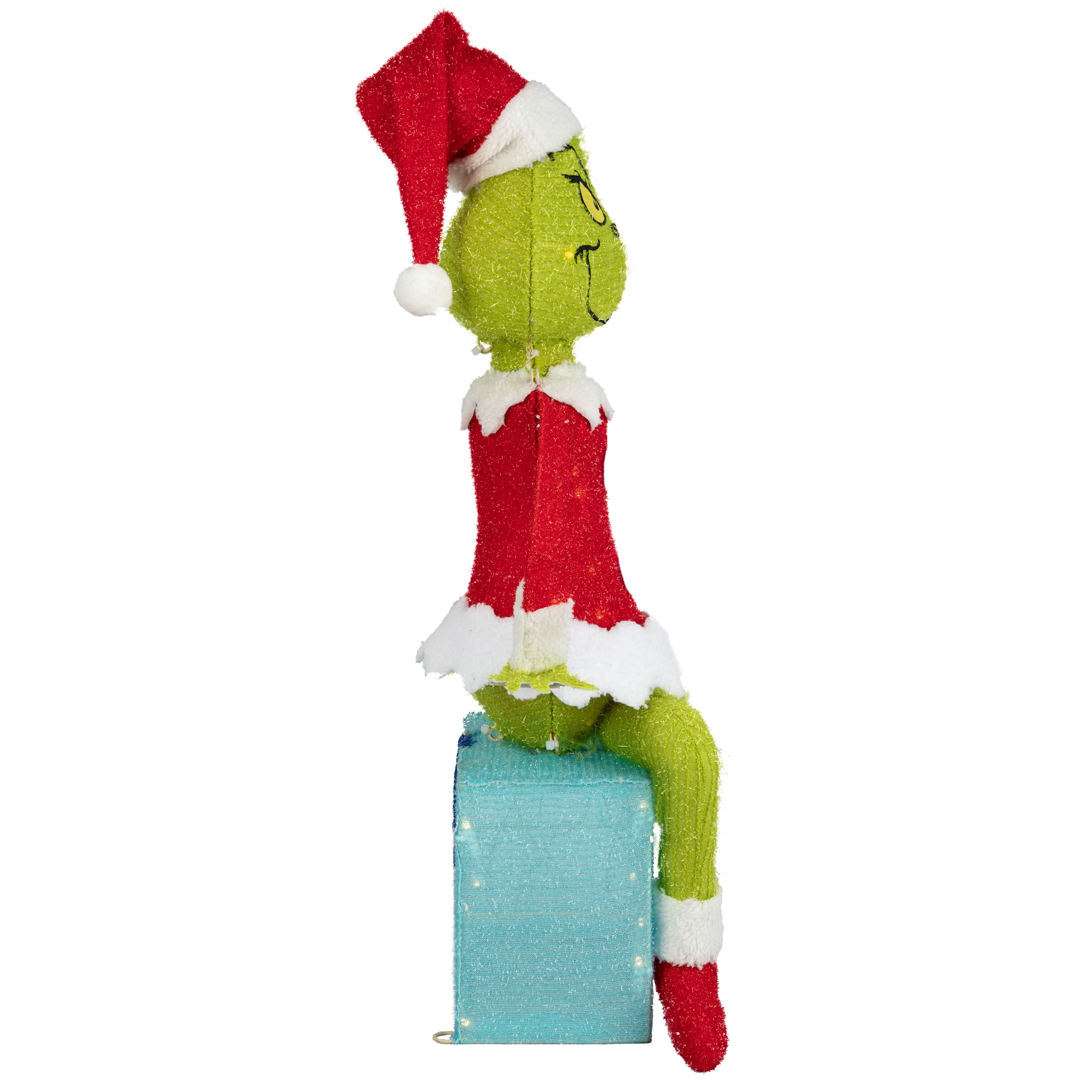 27.25" Dr. Seuss™ The Grinch Sitting on Present 3D Holiday Lighted Tinsel Sculpture Christmas Décor