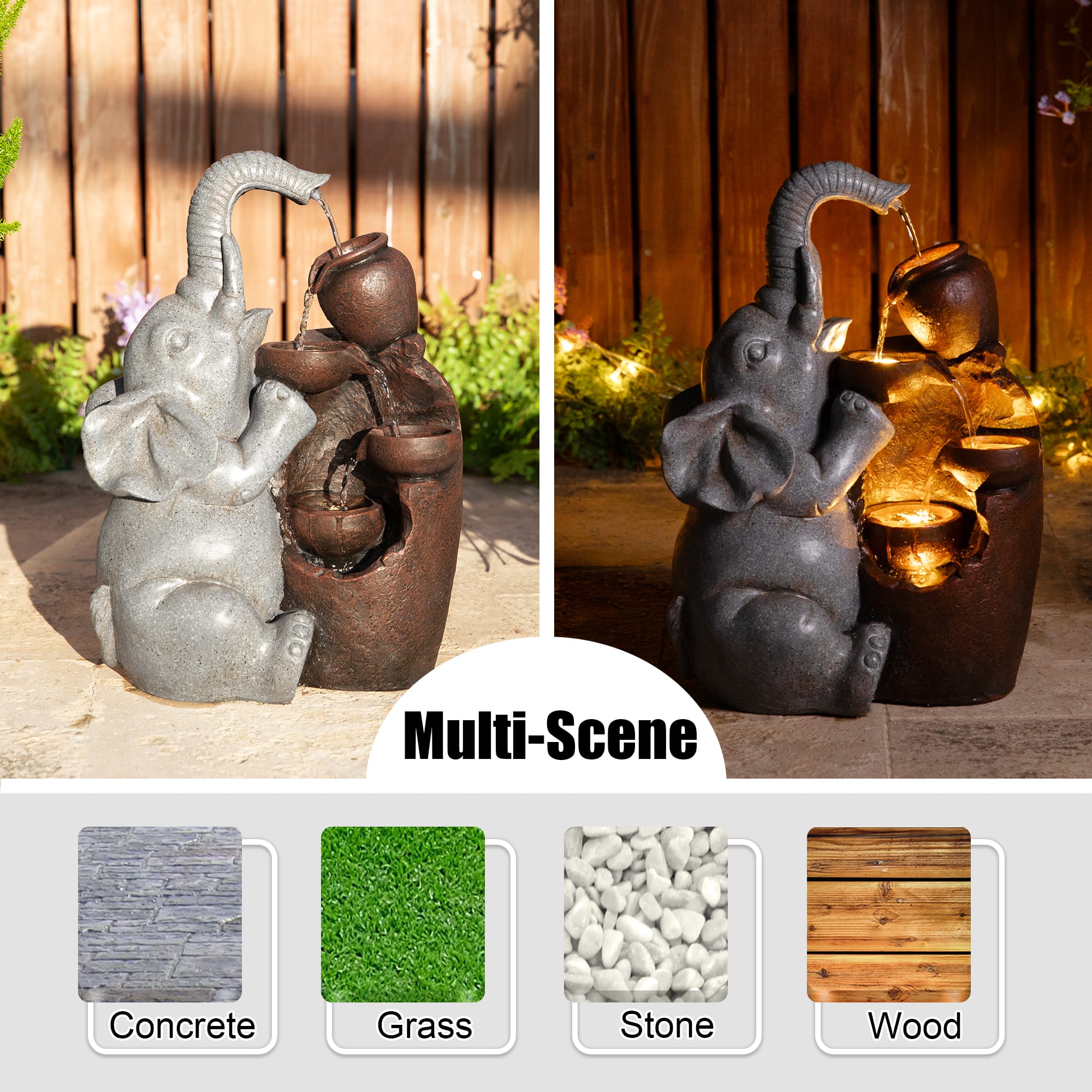 Glitzhome® 18.5" LED 4-Tier Elephant & Pot Outdoor Fountain