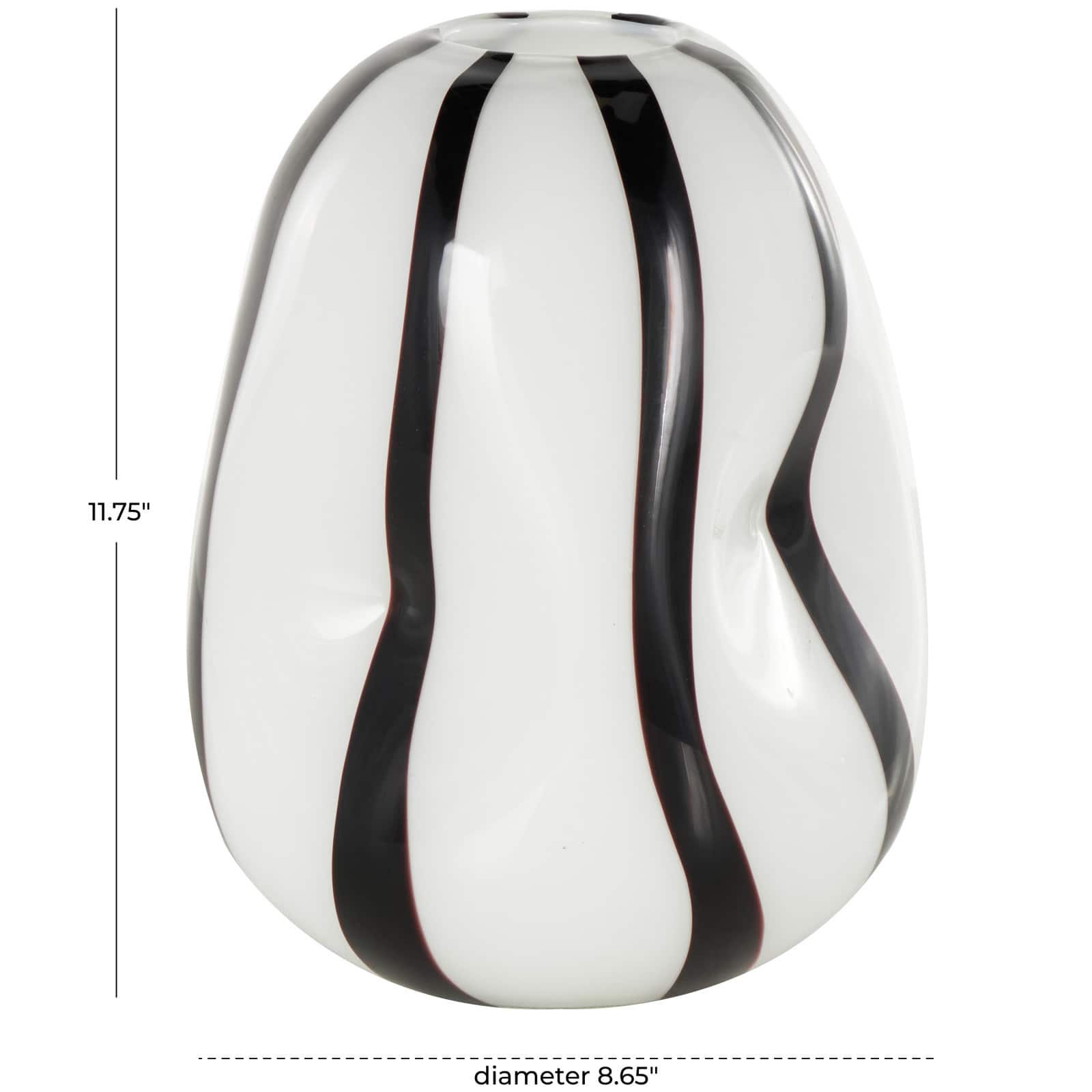 12" White & Black Stripes Glass Round Concaved Vase