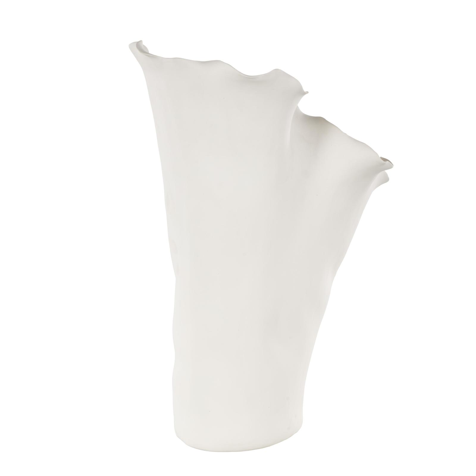 15.75" White Ceramic Abstract Floral Vase with Wavy Folded Rim