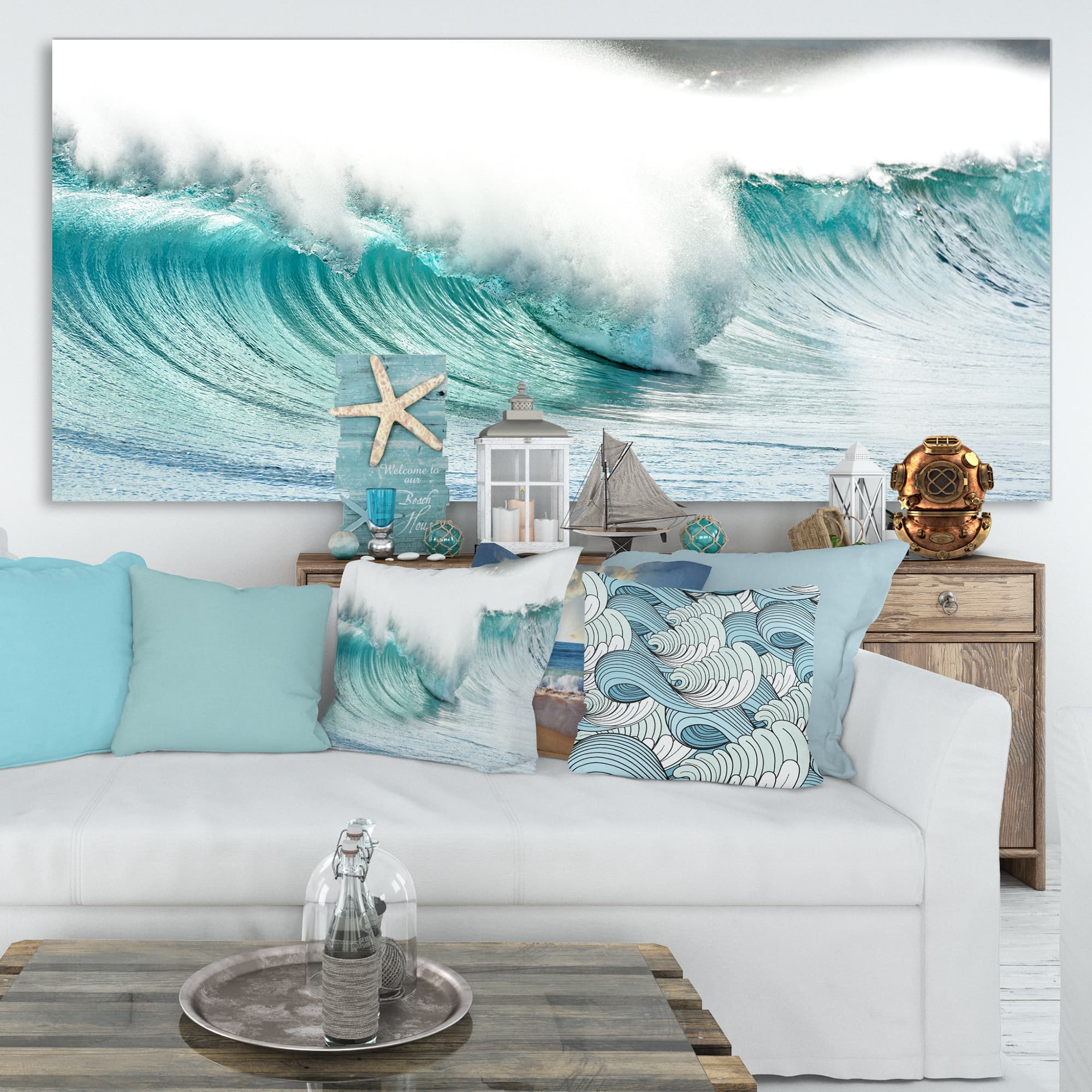 Designart - Massive Blue Waves Breaking Beach - Seashore Canvas Art Print