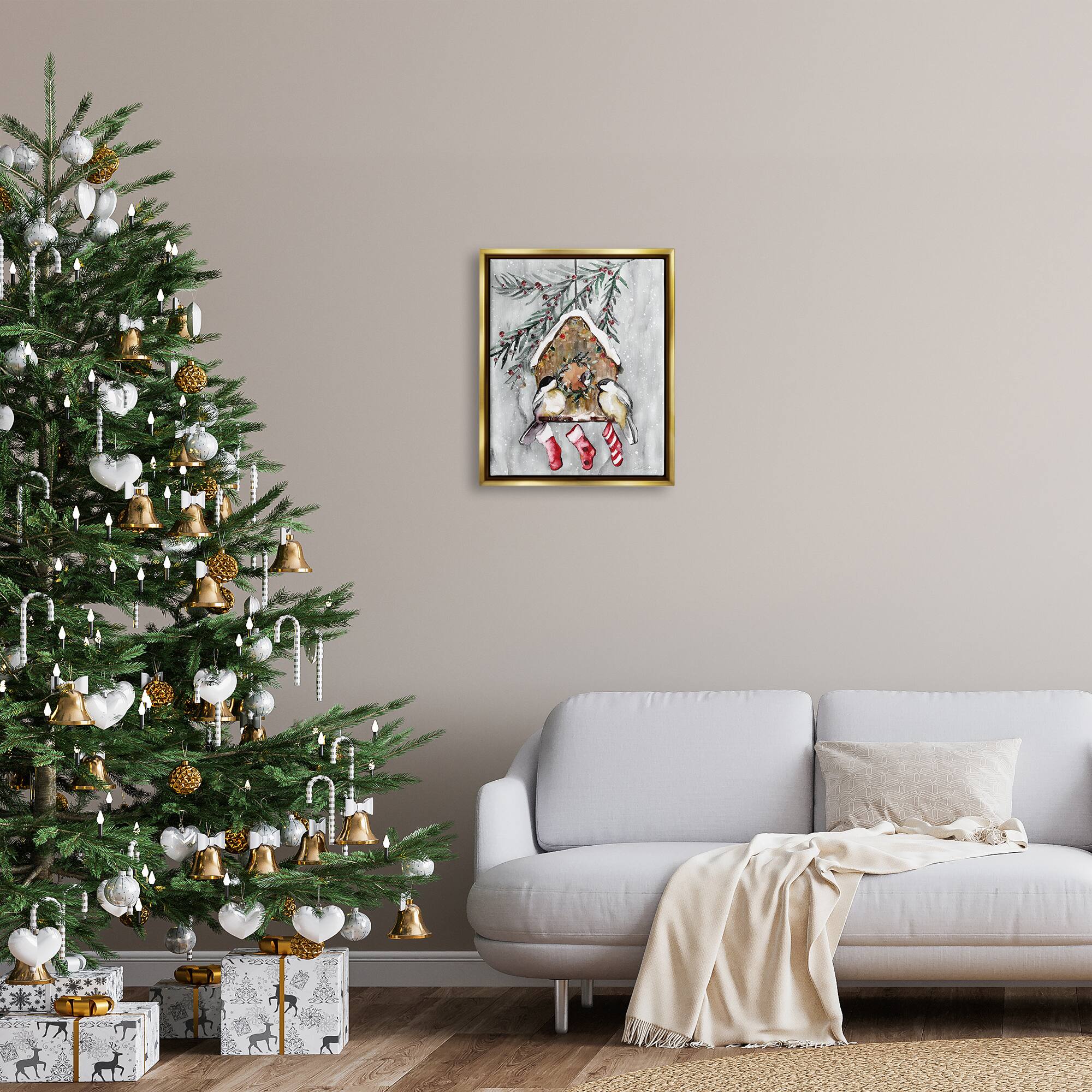 Stupell Industries Holiday Stockings Birdhouse Perched Gold Framed Floater Canvas Wall Art