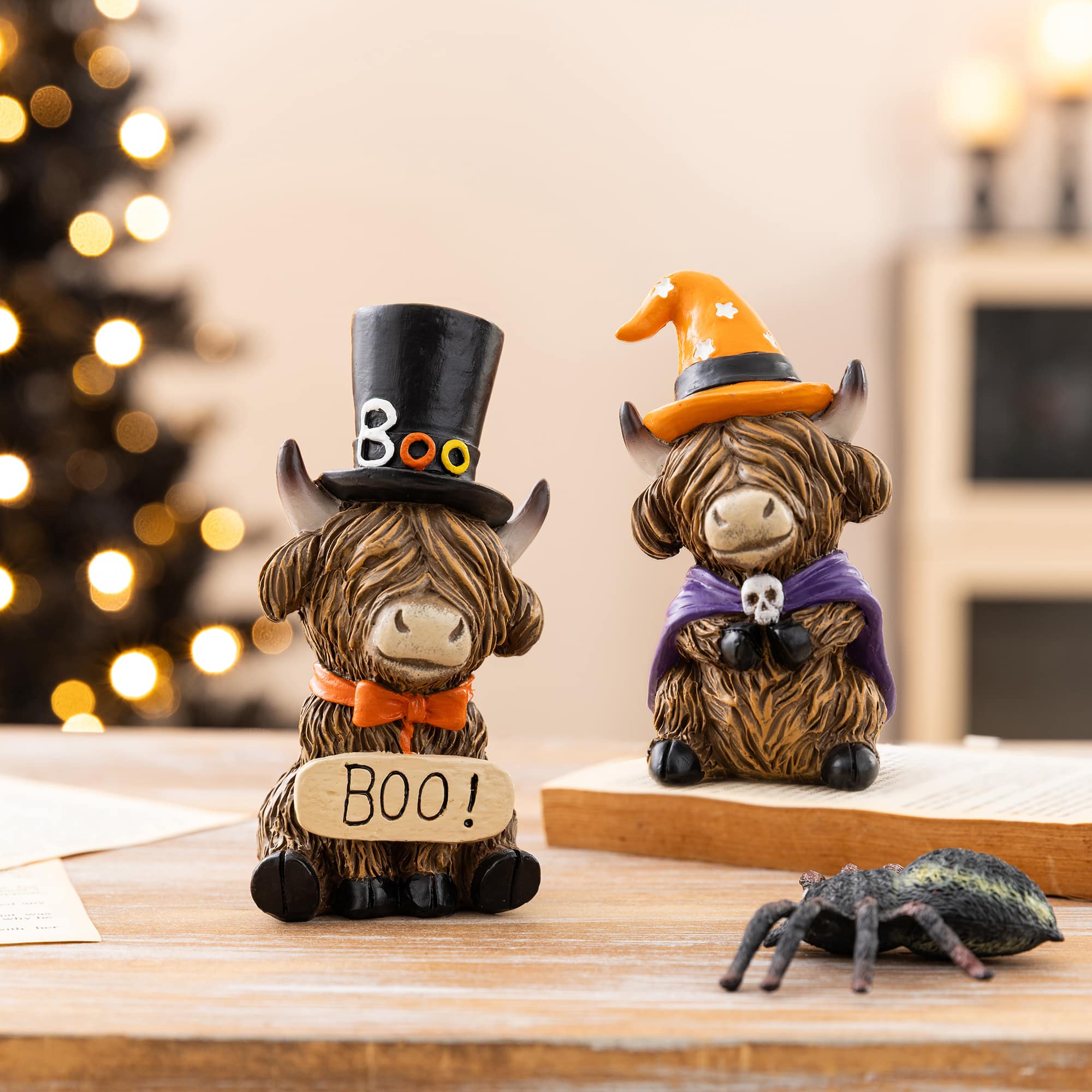 Glitzhome® 4.75" Halloween Resin Highland Cow Table Decor, Set of 2