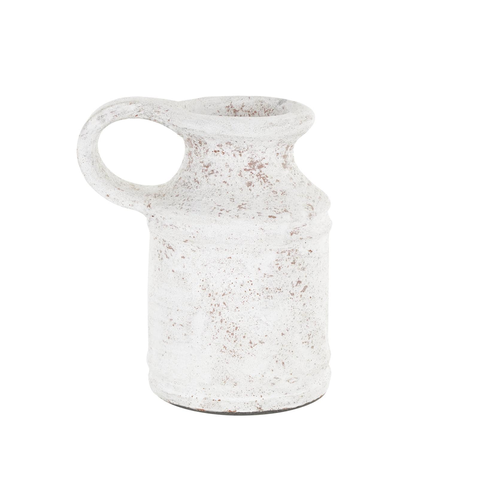 10" White Ceramic Antique Style Textured Vase with Terracotta Accents and Ring Handle