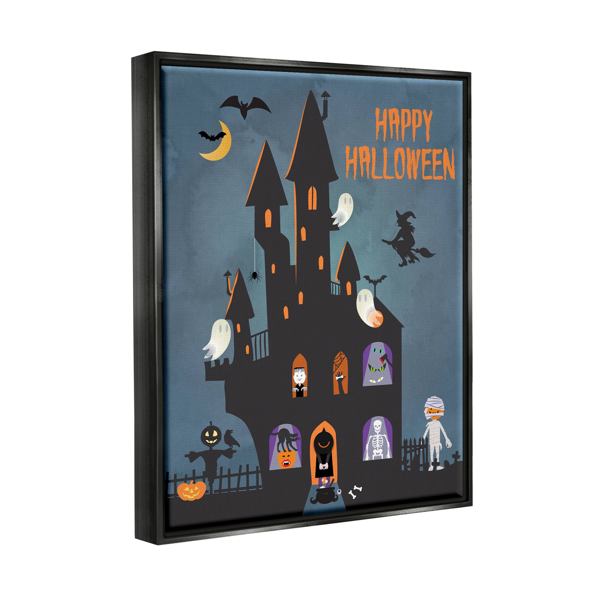 Stupell Industries Happy Halloween Haunted Ghost House Framed Floater Canvas Wall Art