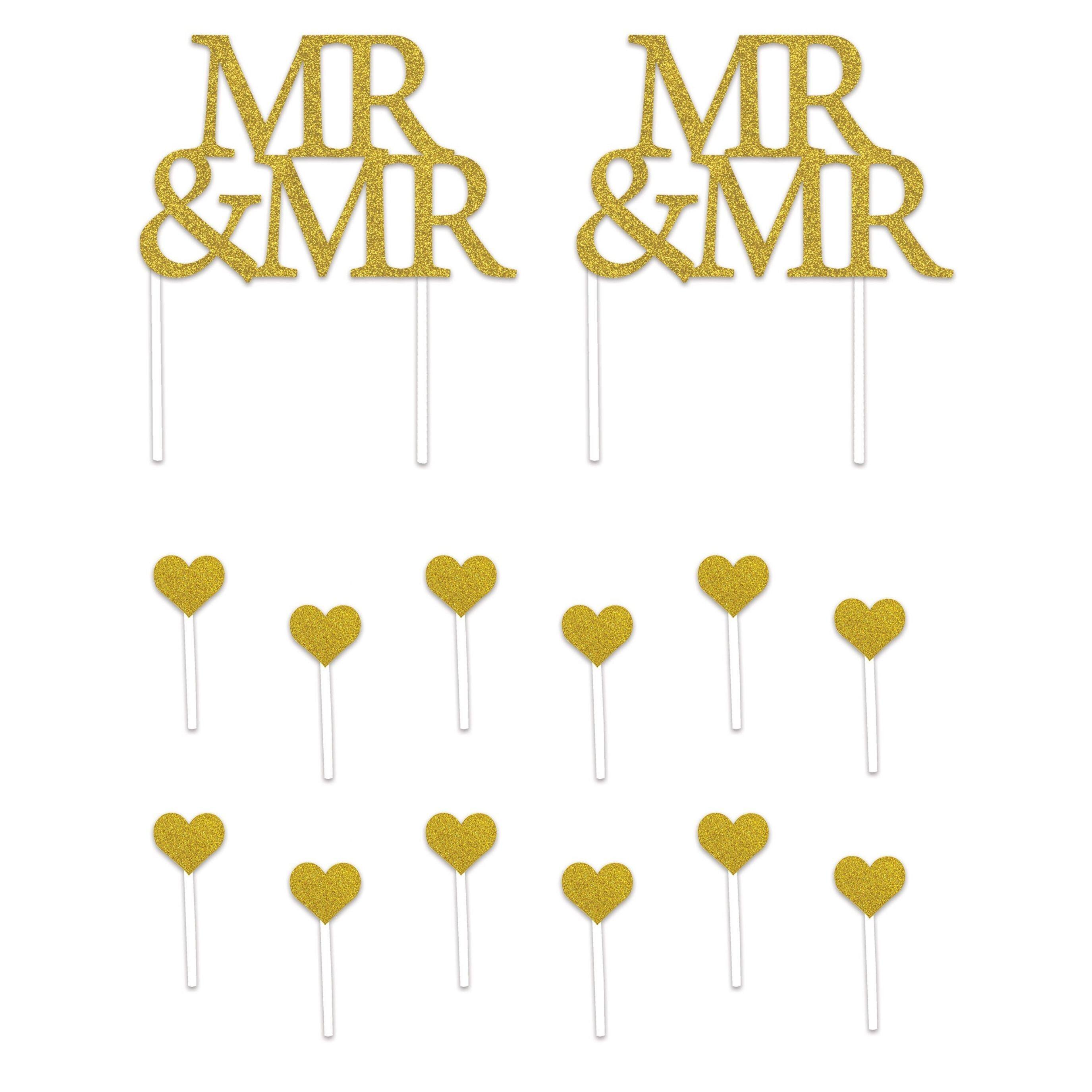 Beistle Gold Mr & Mr Cake Toppers & Heart Picks Set