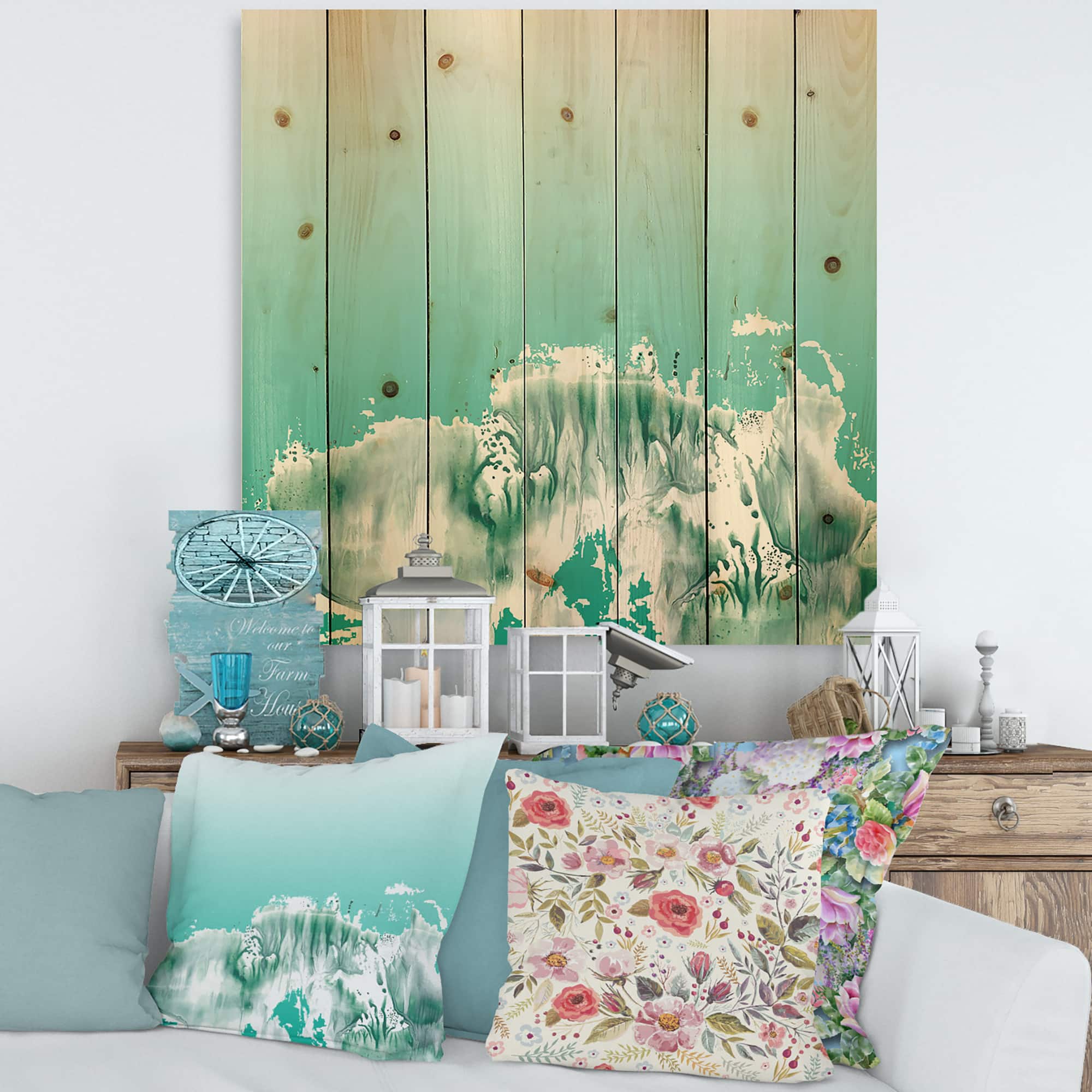 Designart - Auquamarine Landscape - Traditional Print on Natural Pine Wood